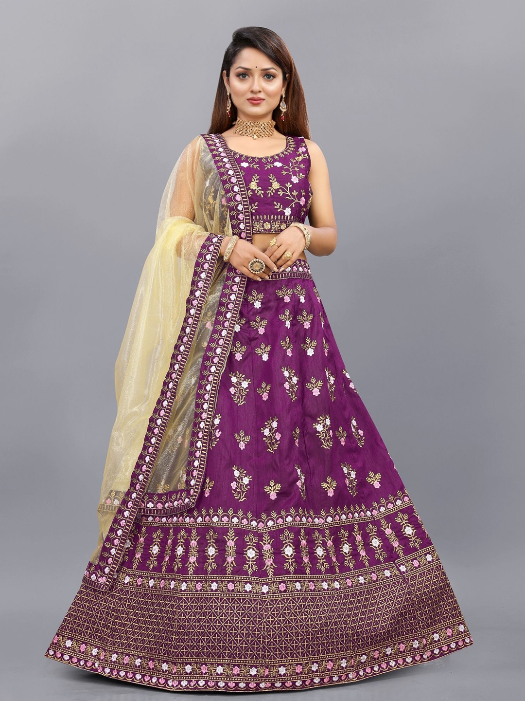 

APNISHA Embroidered Thread Work Semi-Stitched Lehenga & Unstitched Blouse With Dupatta, Purple
