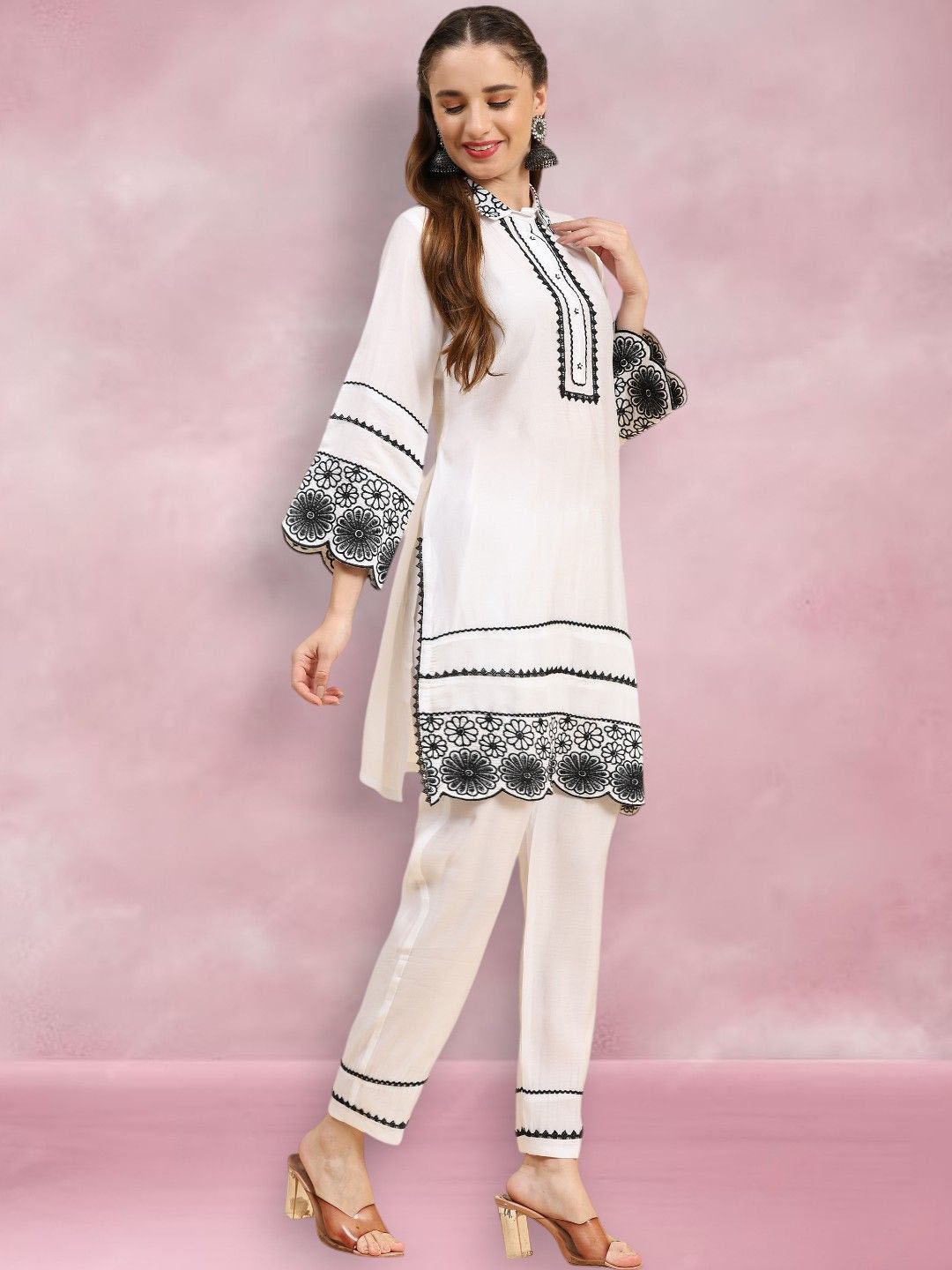 

Growish Floral Embroidered Shirt Collar Tunic With Trousers, White