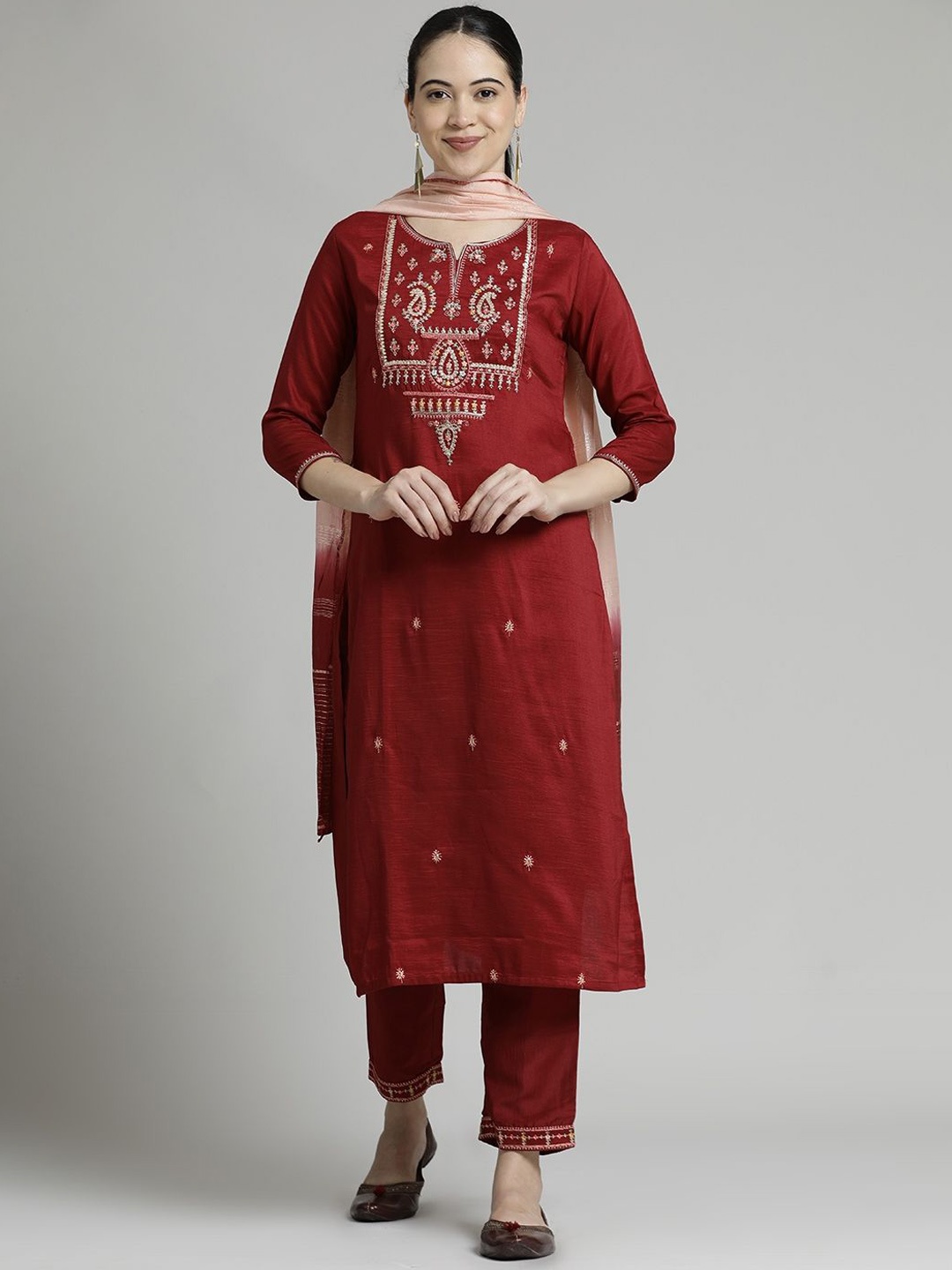 

Jaipur Kurti Floral Embroidered Beads& Stones Straight Kurta With Trousers & Dupatta, Red