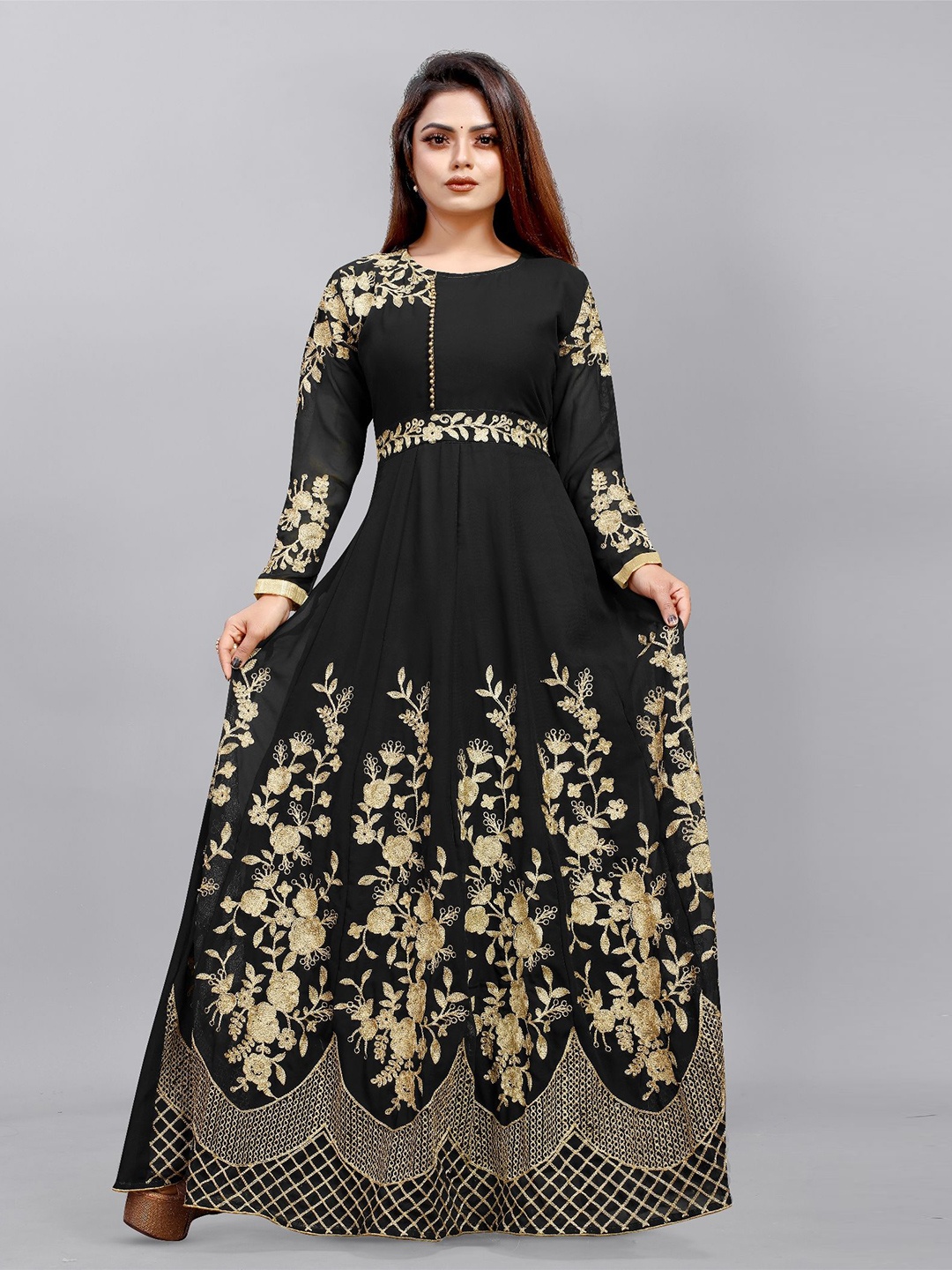 

Aika Ethnic Motifs Embroidered Georgette Fit & Flare Maxi Dress, Black