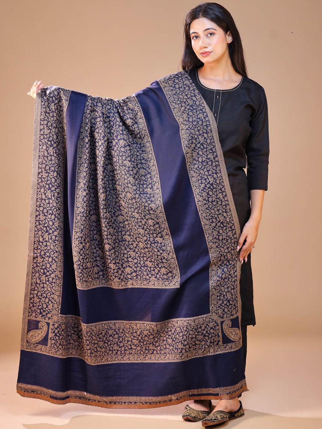 

SWI Stylish Ethnic Motifs Woven Design Woolen Shawl, Navy blue