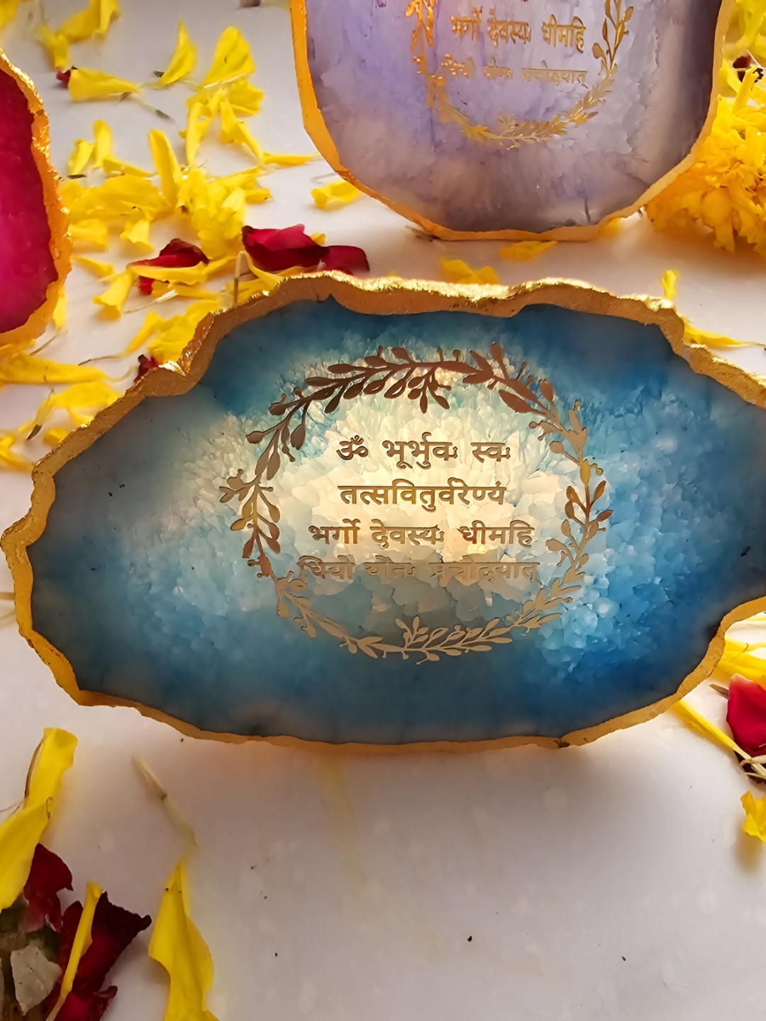 

HOMEARTE Turquoise Blue Gayatri Mantra Agate Stone Tea light Religious Candle Holder, Gold