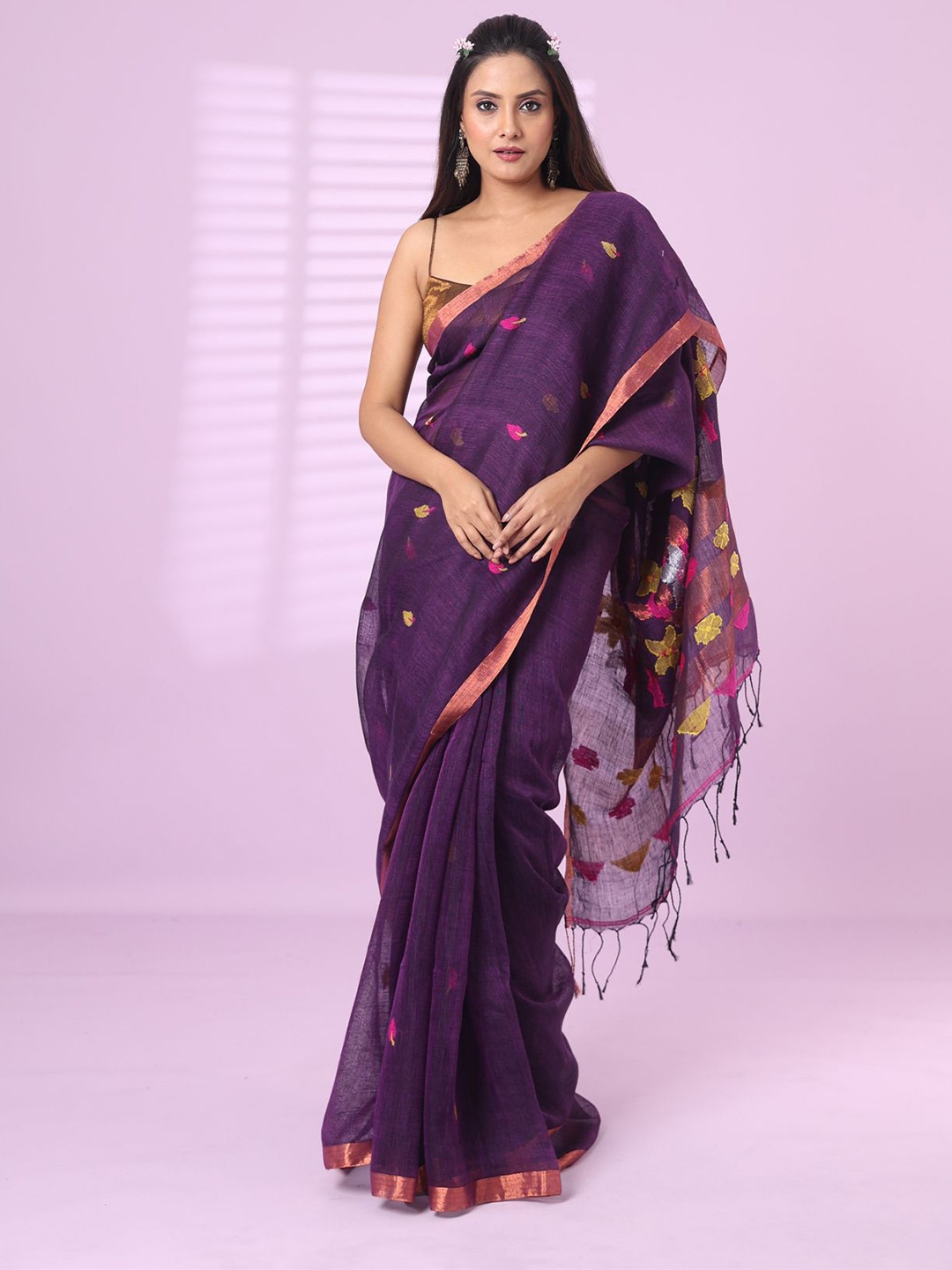 

Charukriti Floral Woven Design Pure Linen Saree, Purple