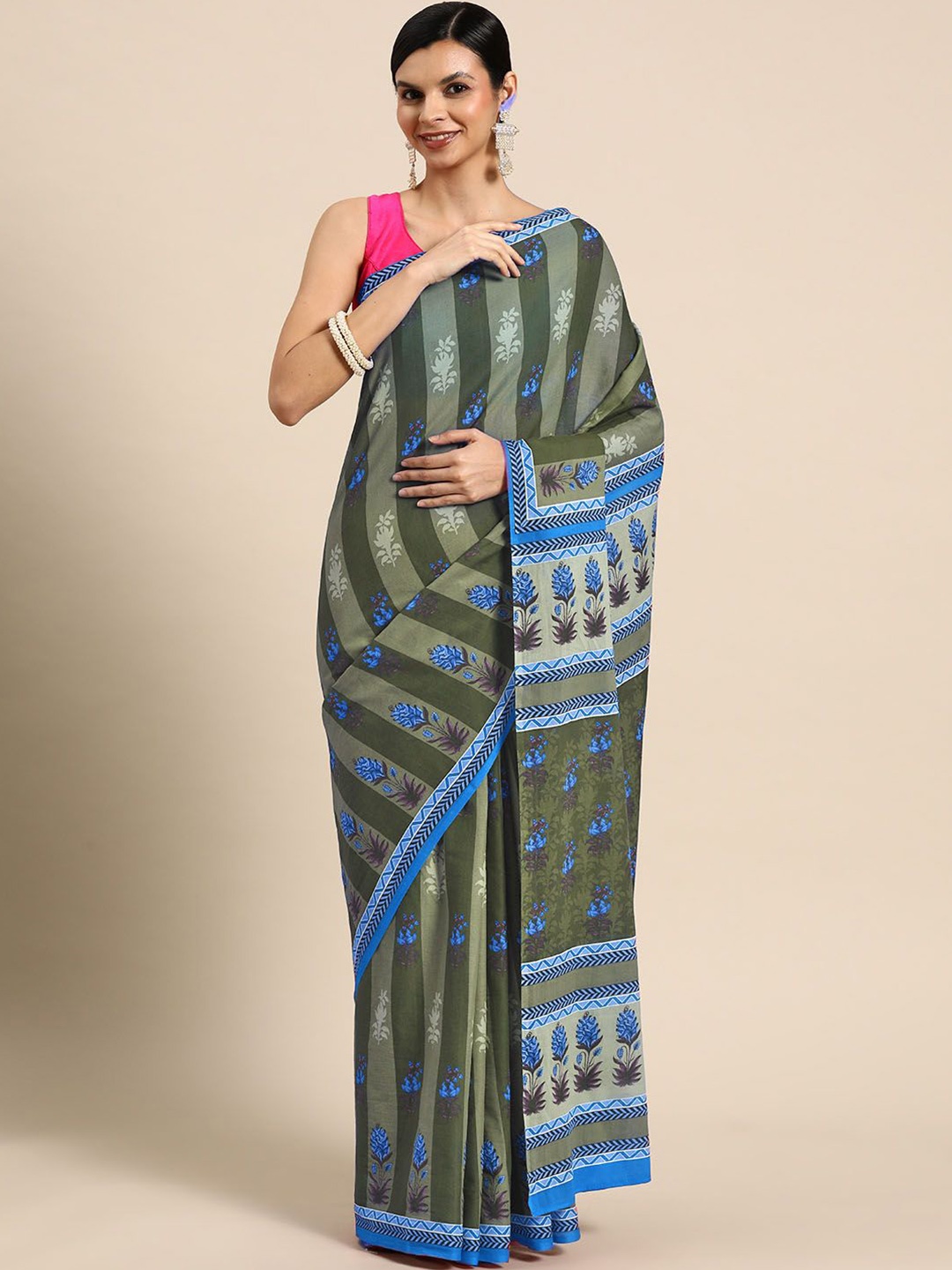 

BUTA BUTI Floral Pure Cotton Saree, Green
