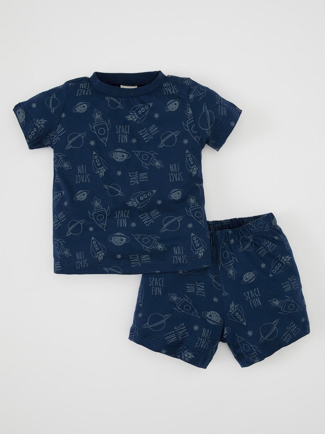 

DeFacto Boys Printed Pure Cotton T-Shirt With Shorts Night Suit, Blue