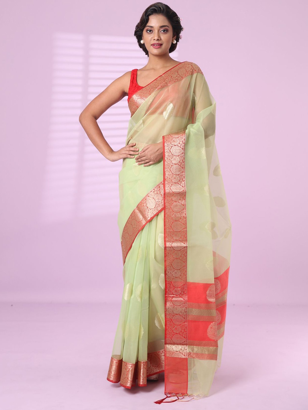 

Charukriti Ethnic Motifs Zari Organza Saree, Green