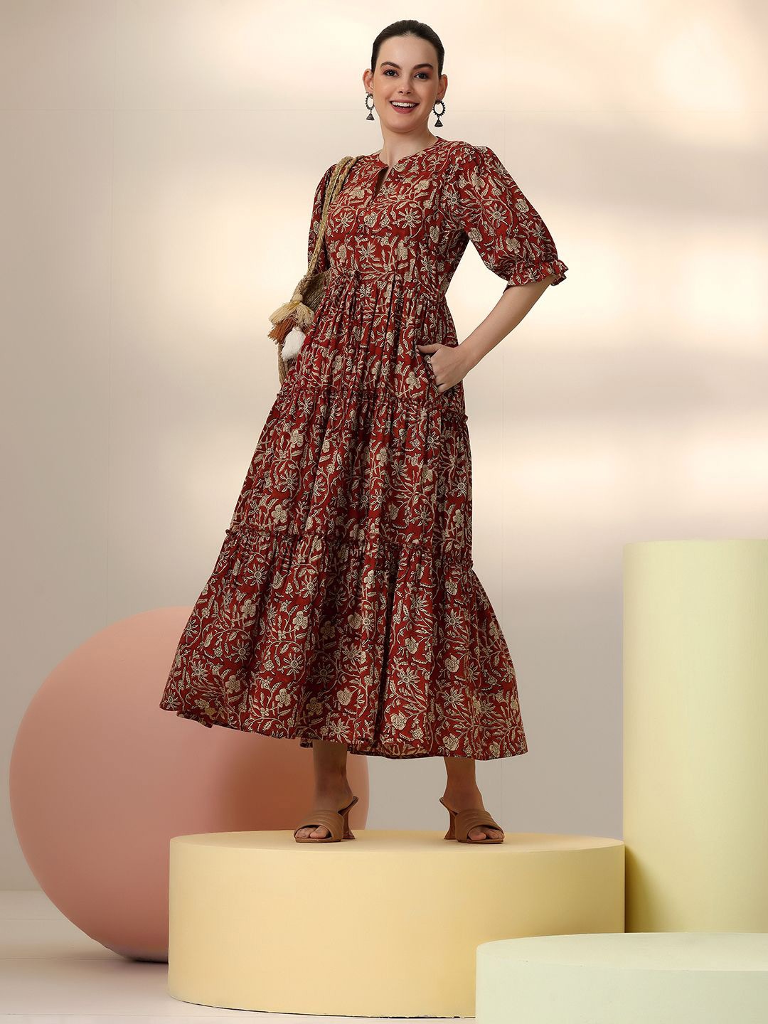 

Libas Floral Print Puff Sleeve Layered Fit & Flare Maxi Dress, Rust