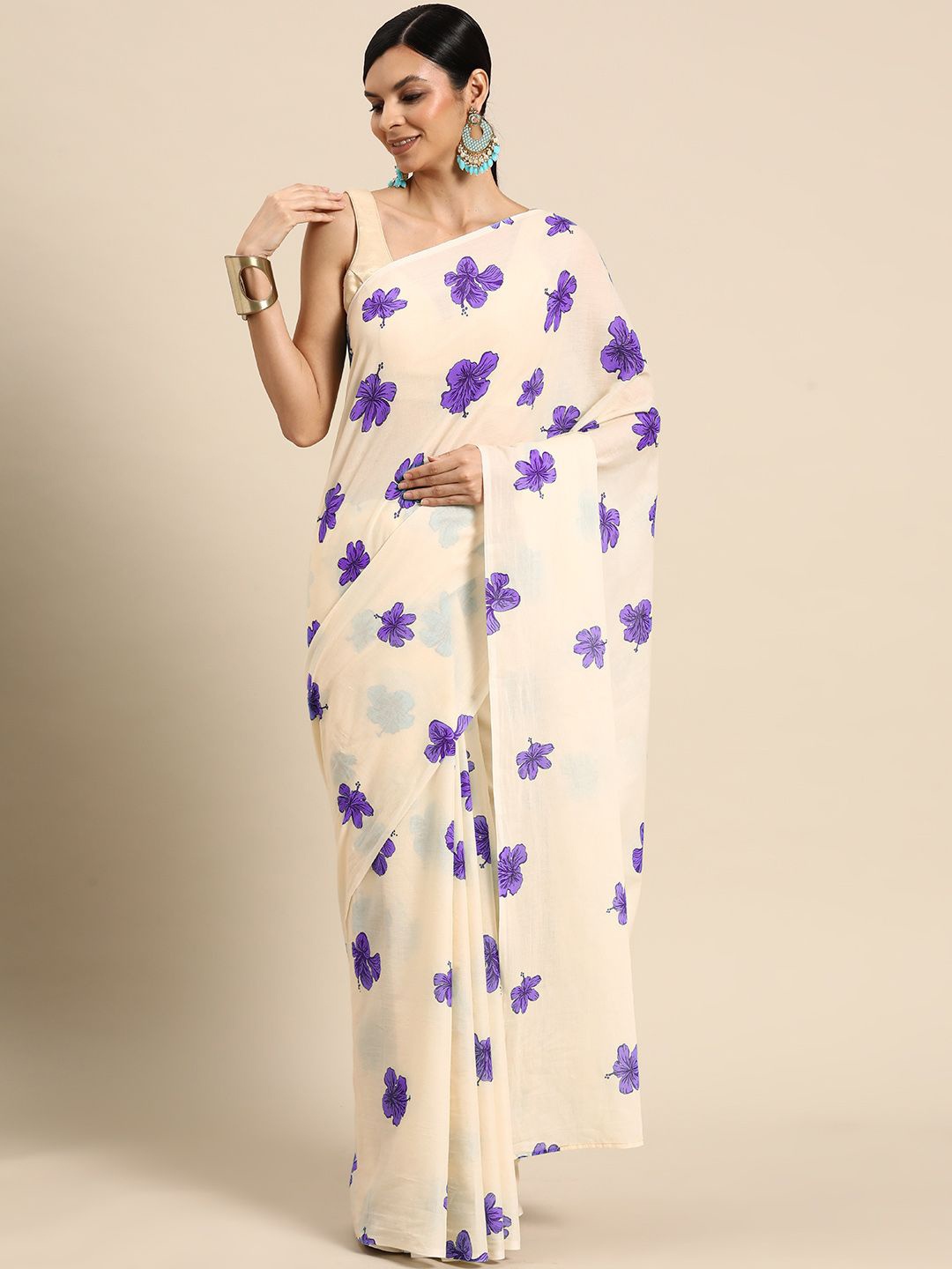 

BUTA BUTI Floral Printed Pure Cotton Saree, Purple