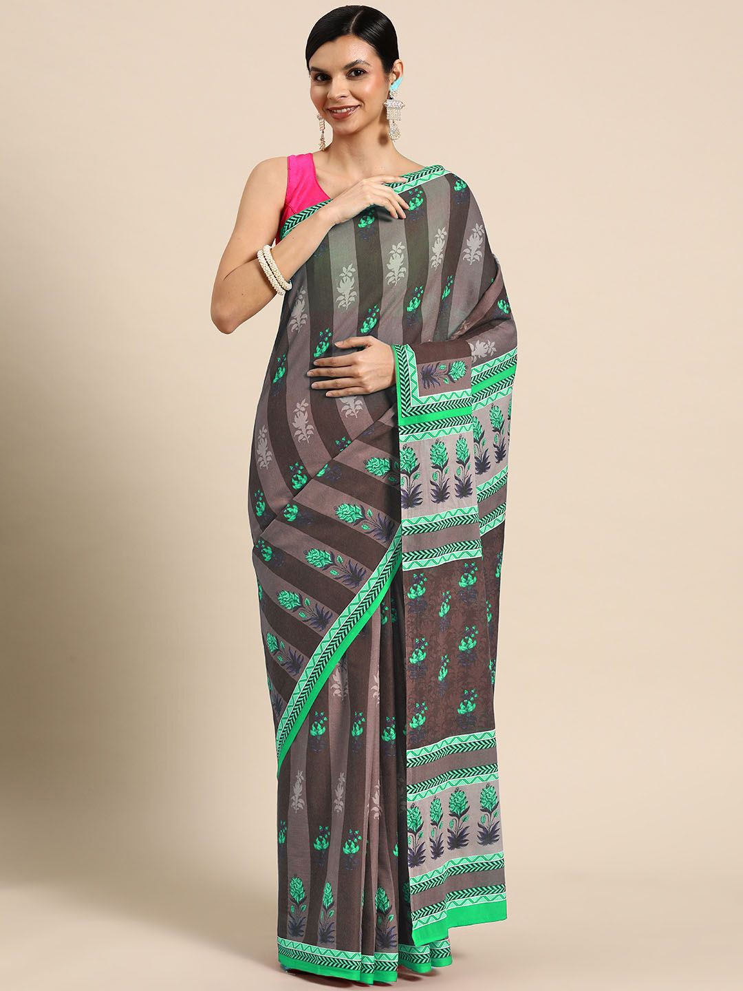 

BUTA BUTI Floral Pure Cotton Printed Saree, Green