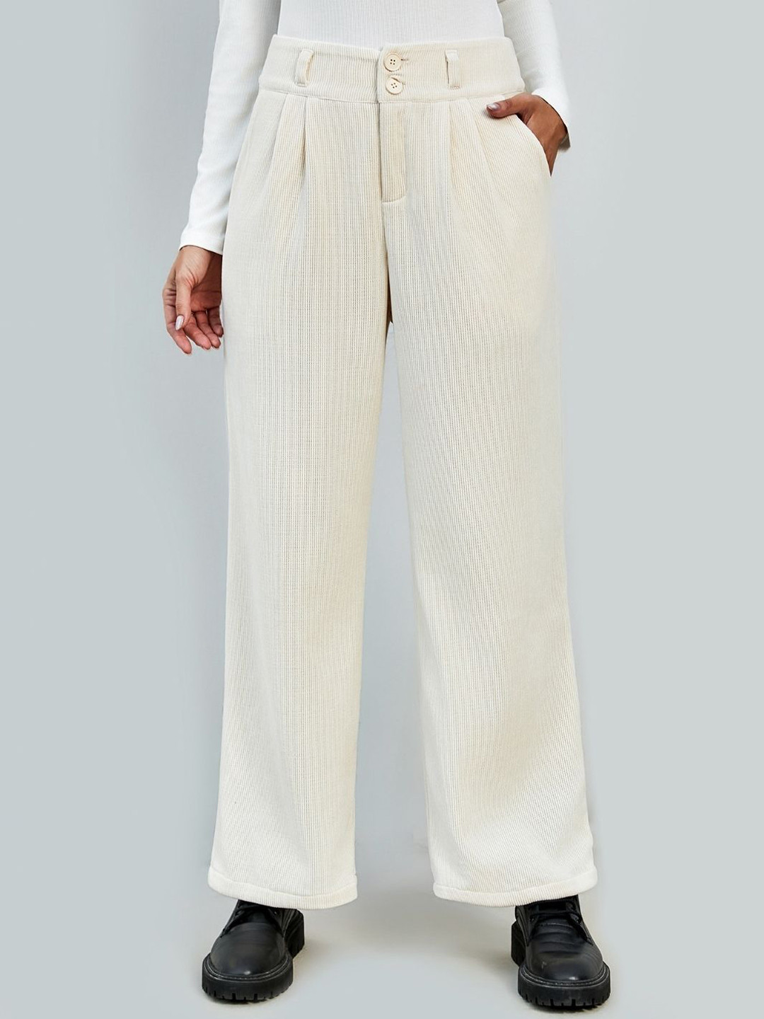 

KPOP Women Solid Regular Fit Original Formal Trousers, Off white