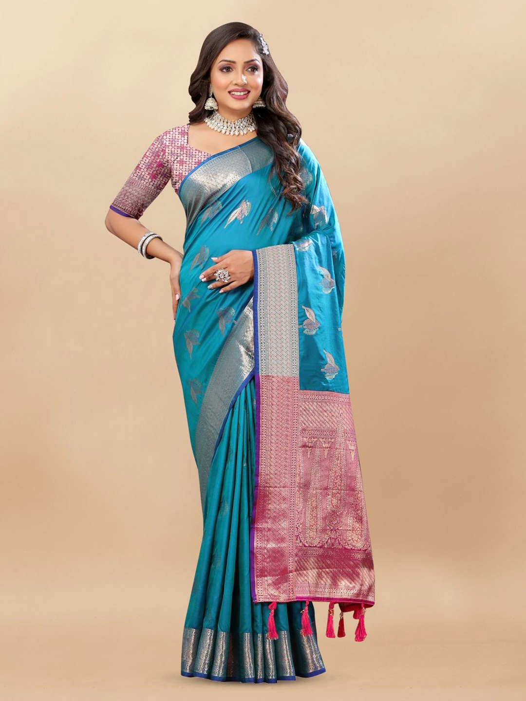 

MOKSHA DESIGNS Woven Design Zari Pure Silk Banarasi Saree, Teal
