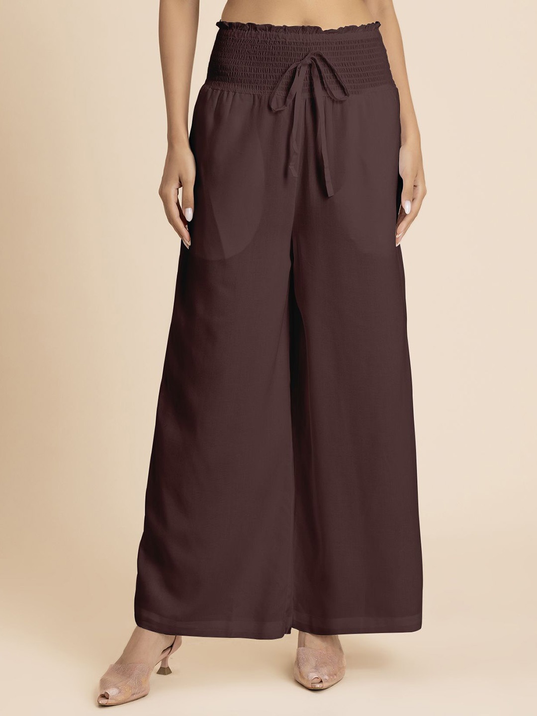 

Moomaya Women Loose Fit High-Rise Pleated Palazzos, Brown