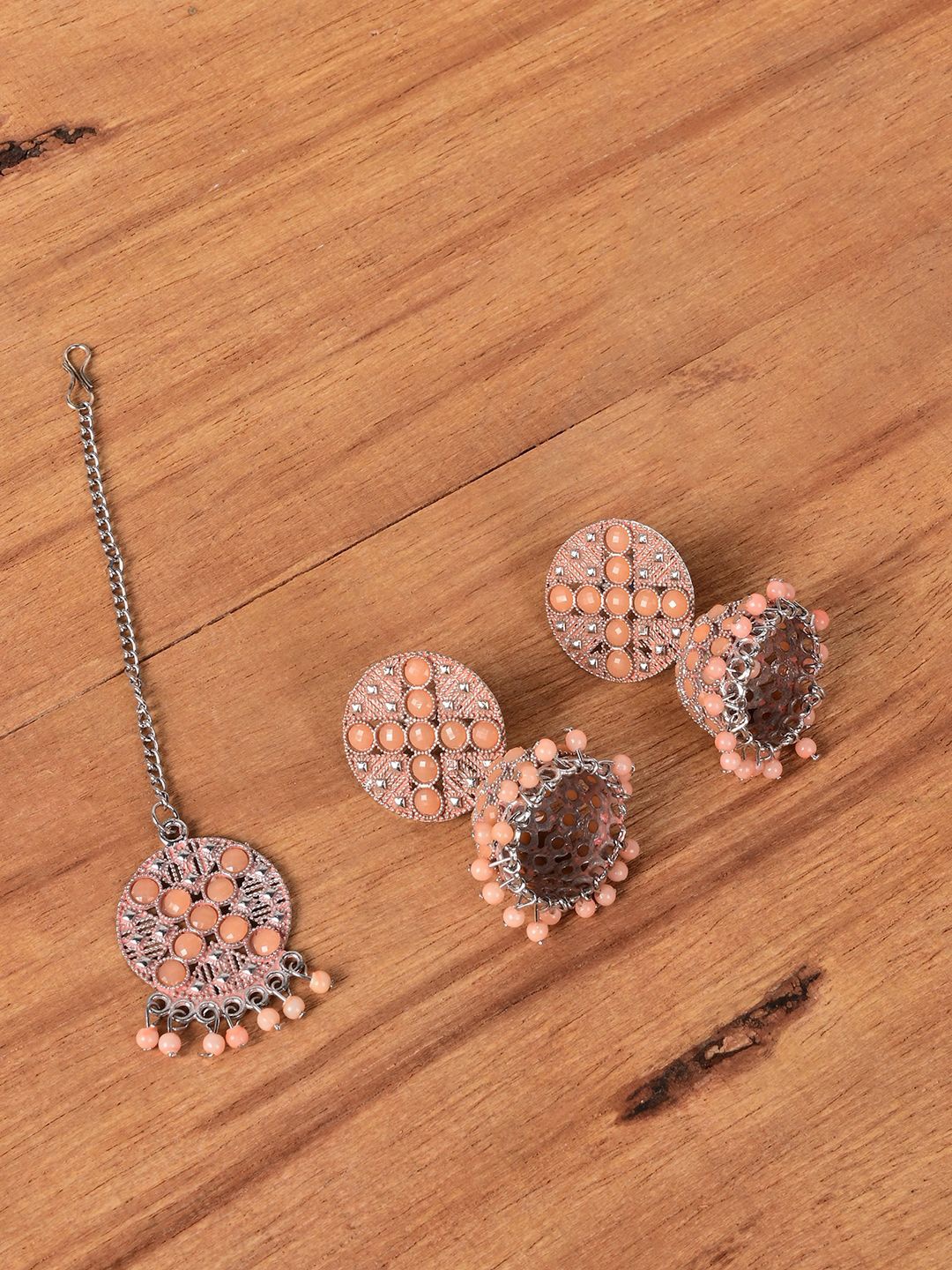 

Keviv Silver Plated Artificial Stones and Beads Dome Shaped Jhumkas with Mang Tika