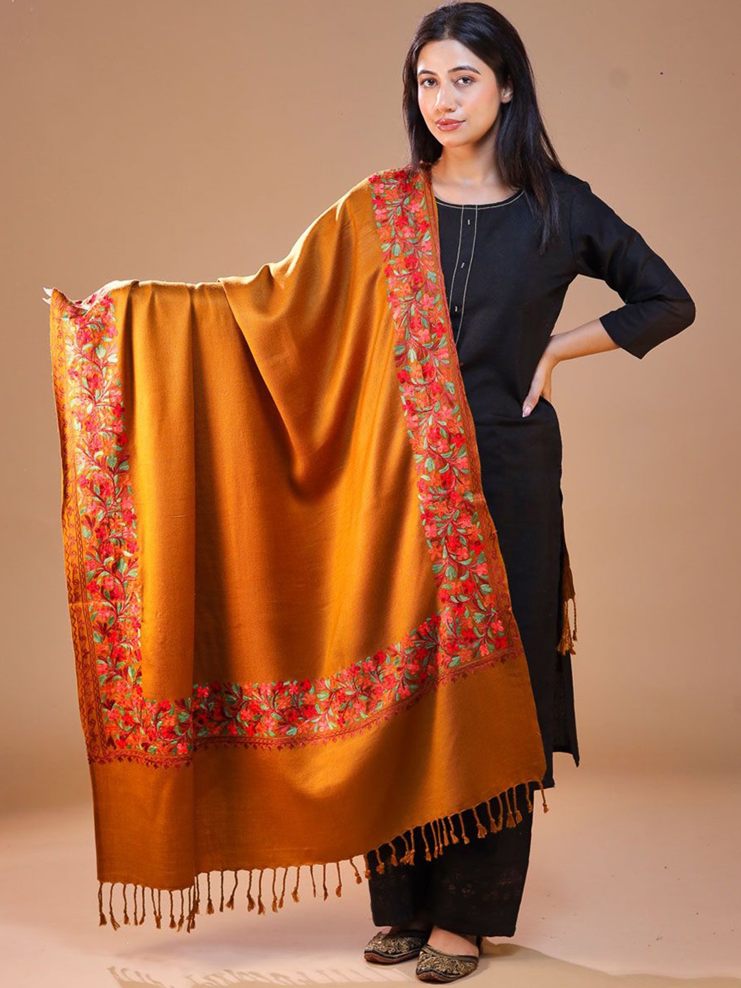 

SWI Stylish Floral Embroidered Woolen Shawl, Yellow
