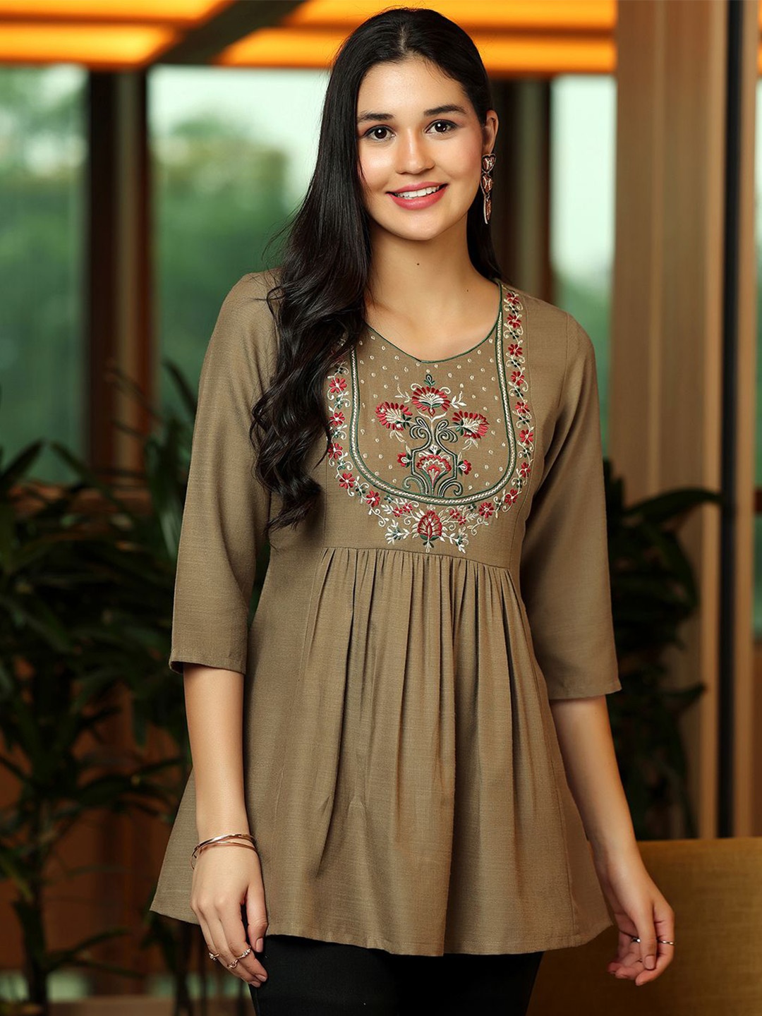 

Libas Floral Yoke Design Thread Work Thread Work Pleated Kurti, Brown