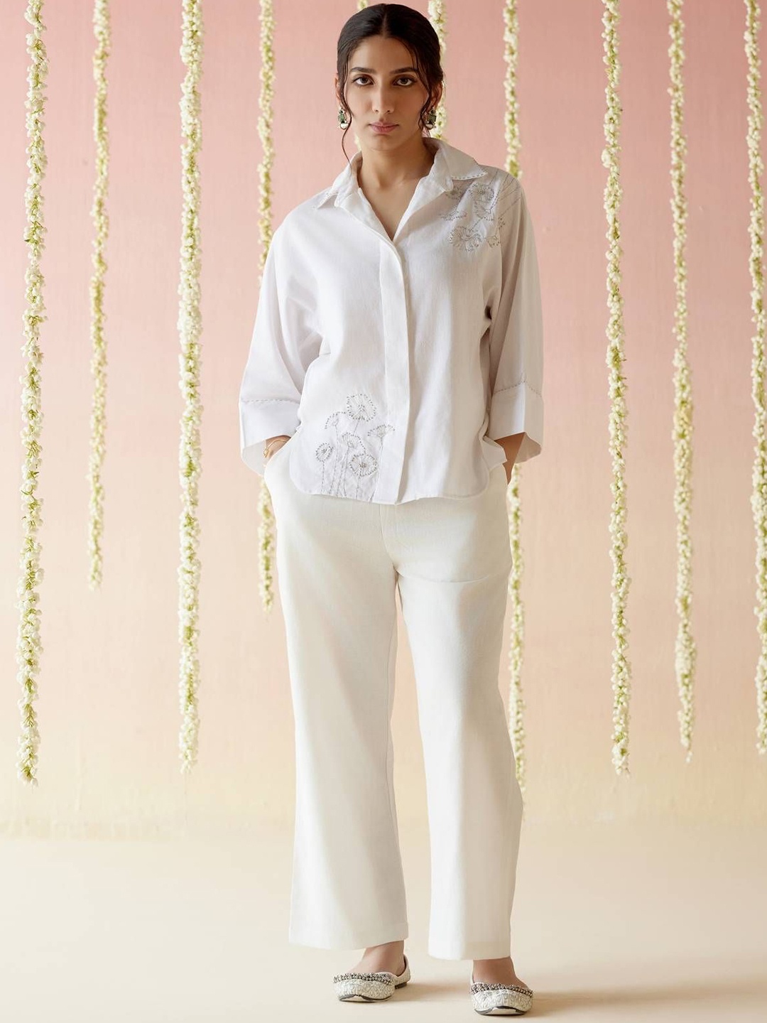 

NERO Floral Embroidered Shirt With Trousers Co-Ords, White