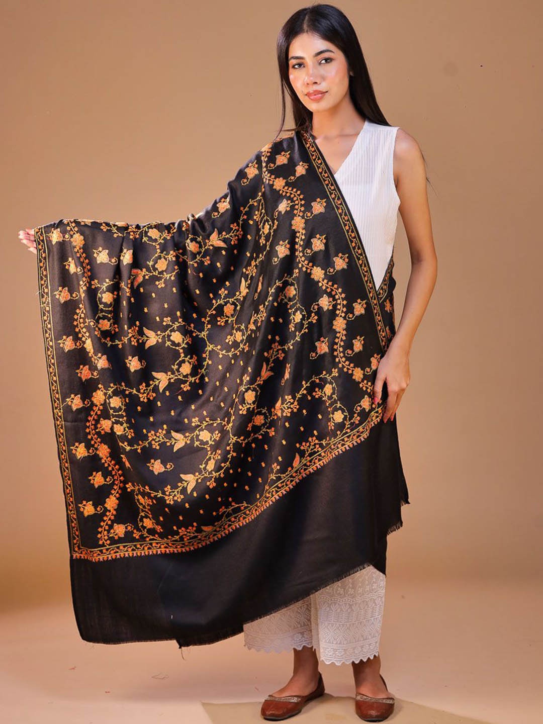 

SWI Stylish Ethnic Motifs Embroidered Woolen Shawl, Black