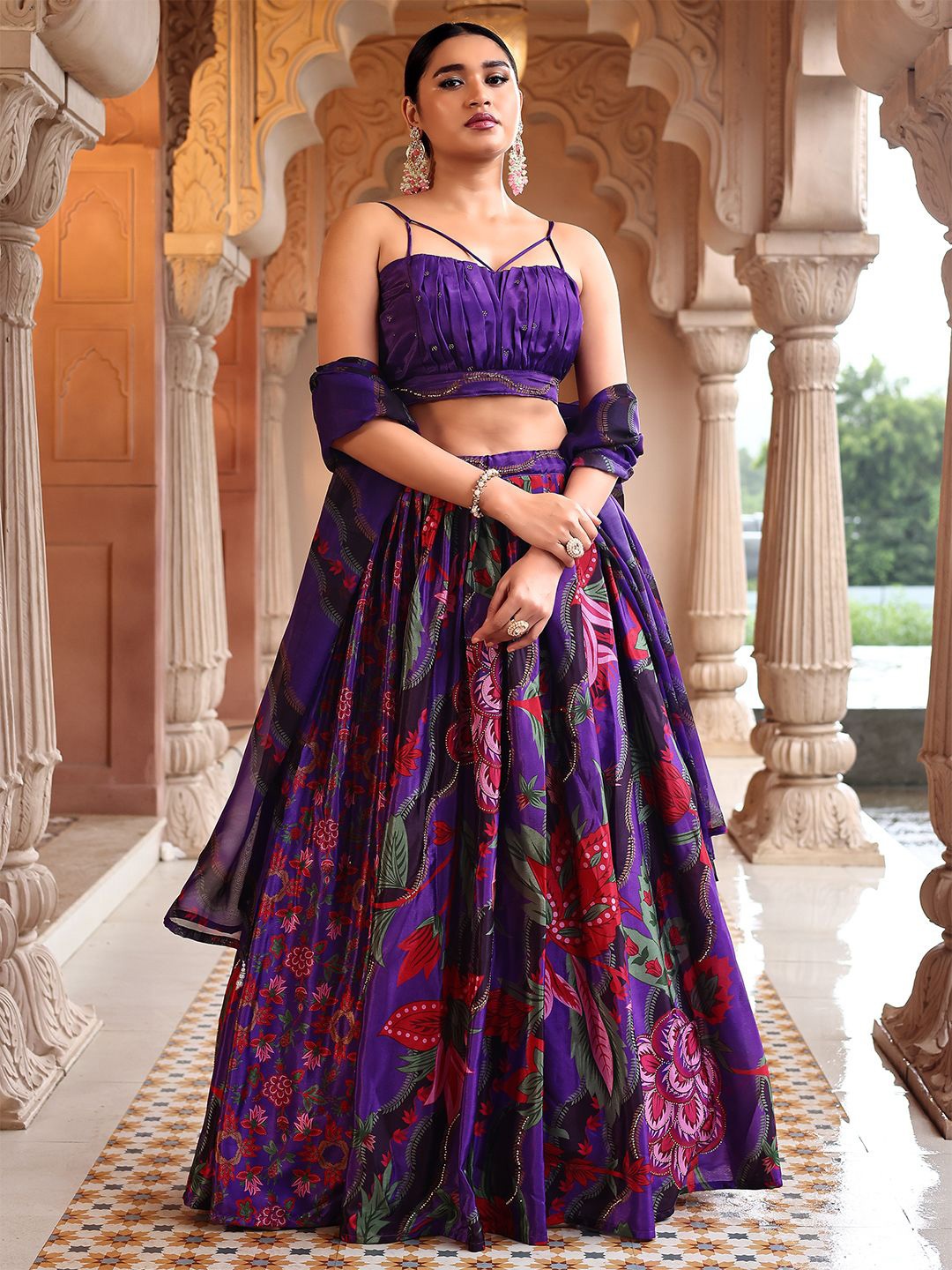 

PURVAJA Printed Beads and Stones Ready to Wear Lehenga & Unstitched Blouse With Dupatta, Purple