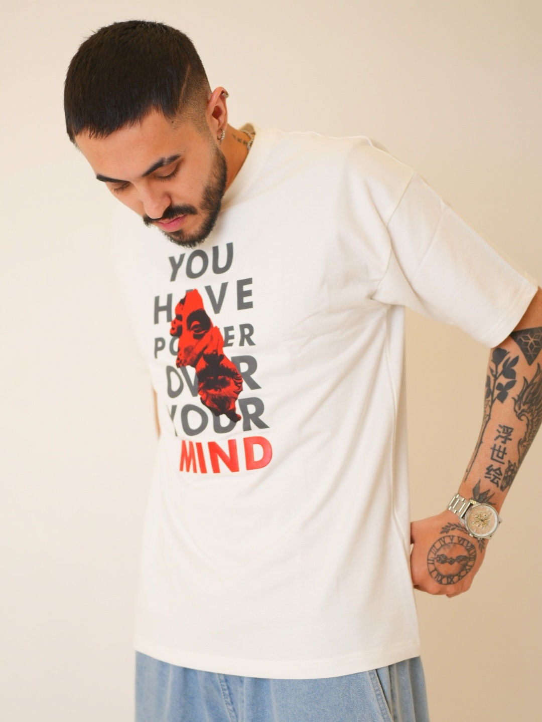 

GYMYAK Men Typography Printed Pure Cotton Oversized T-shirt, Off white