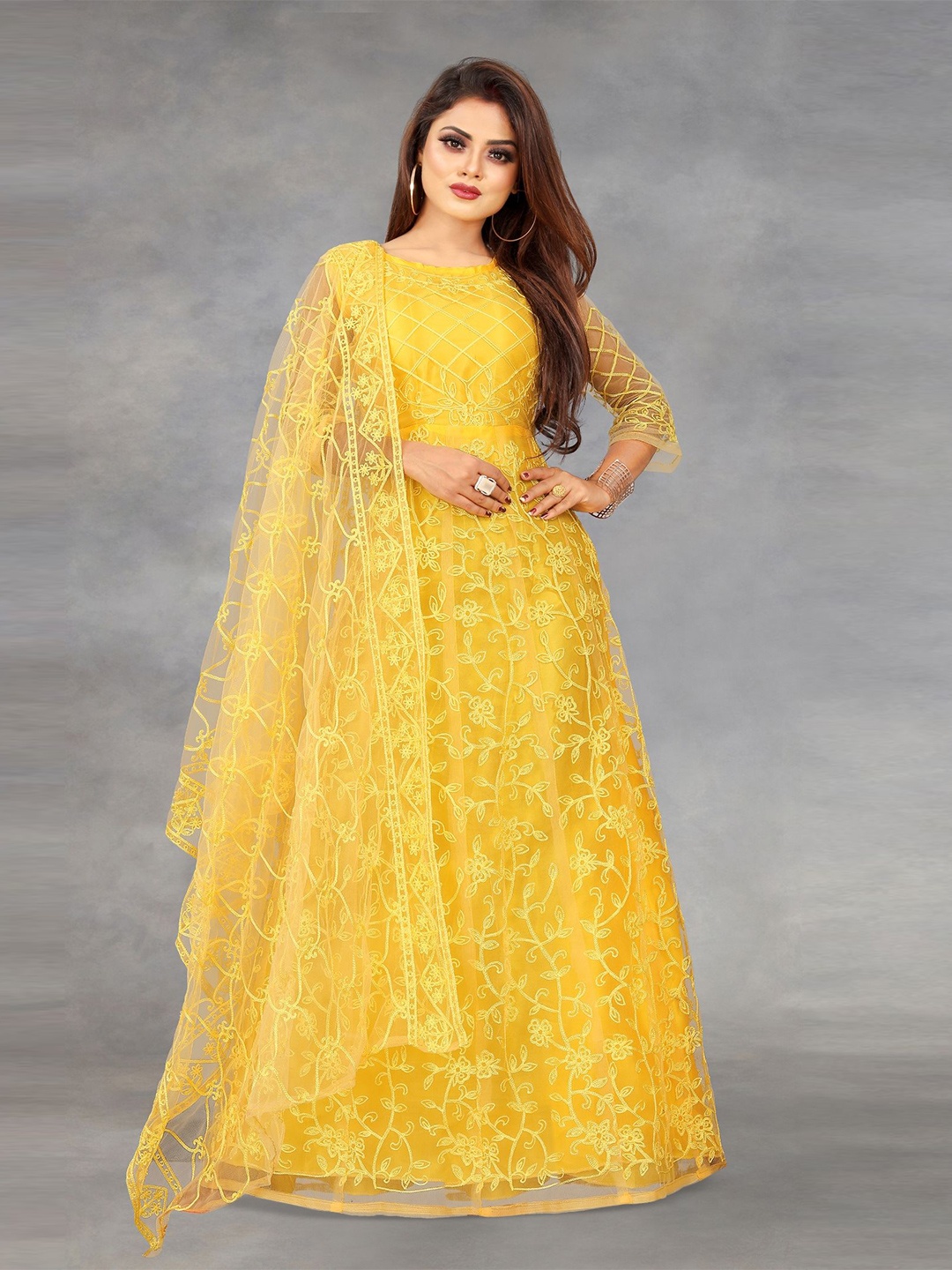 

Aika Floral Embroidered Net Fit & Flare Maxi Dress With Dupatta, Yellow