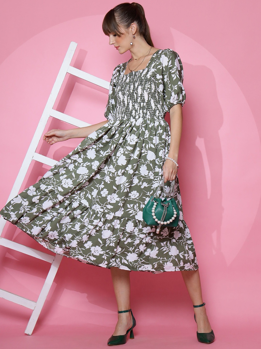 

SHEETAL Associates Floral Printed Puff Sleeve Crepe Fit & Flare Midi Dress, Green