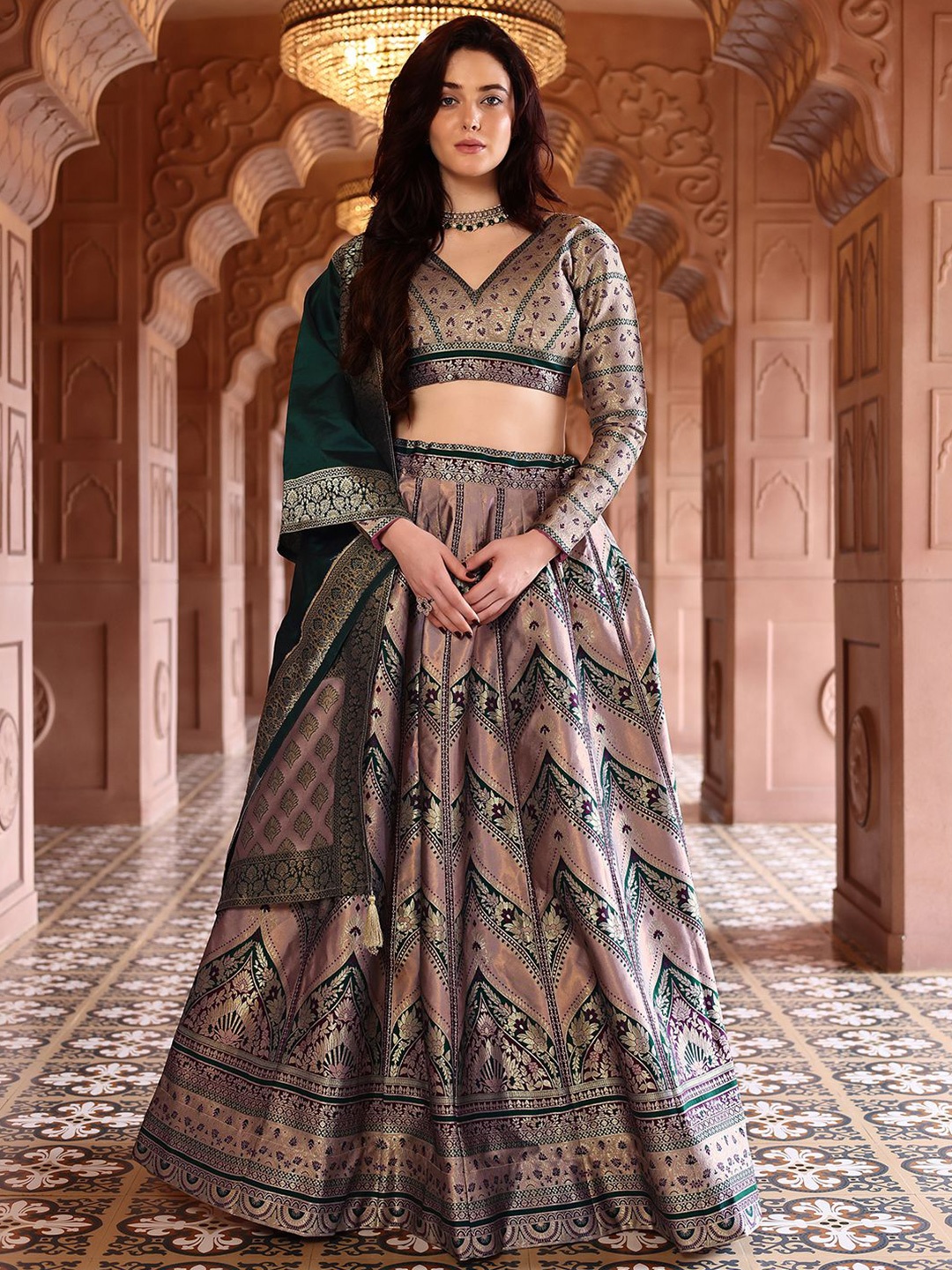 

PURVAJA Ready to Wear Lehenga & Unstitched Blouse With Dupatta, Rose