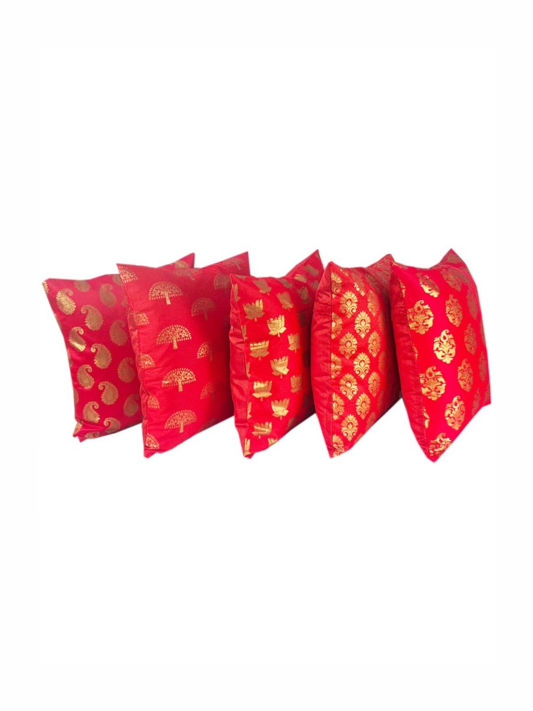 

Pink Parrot Red & Gold-Toned 5 Pieces Ethnic Motifs Printed Square Cushion Covers