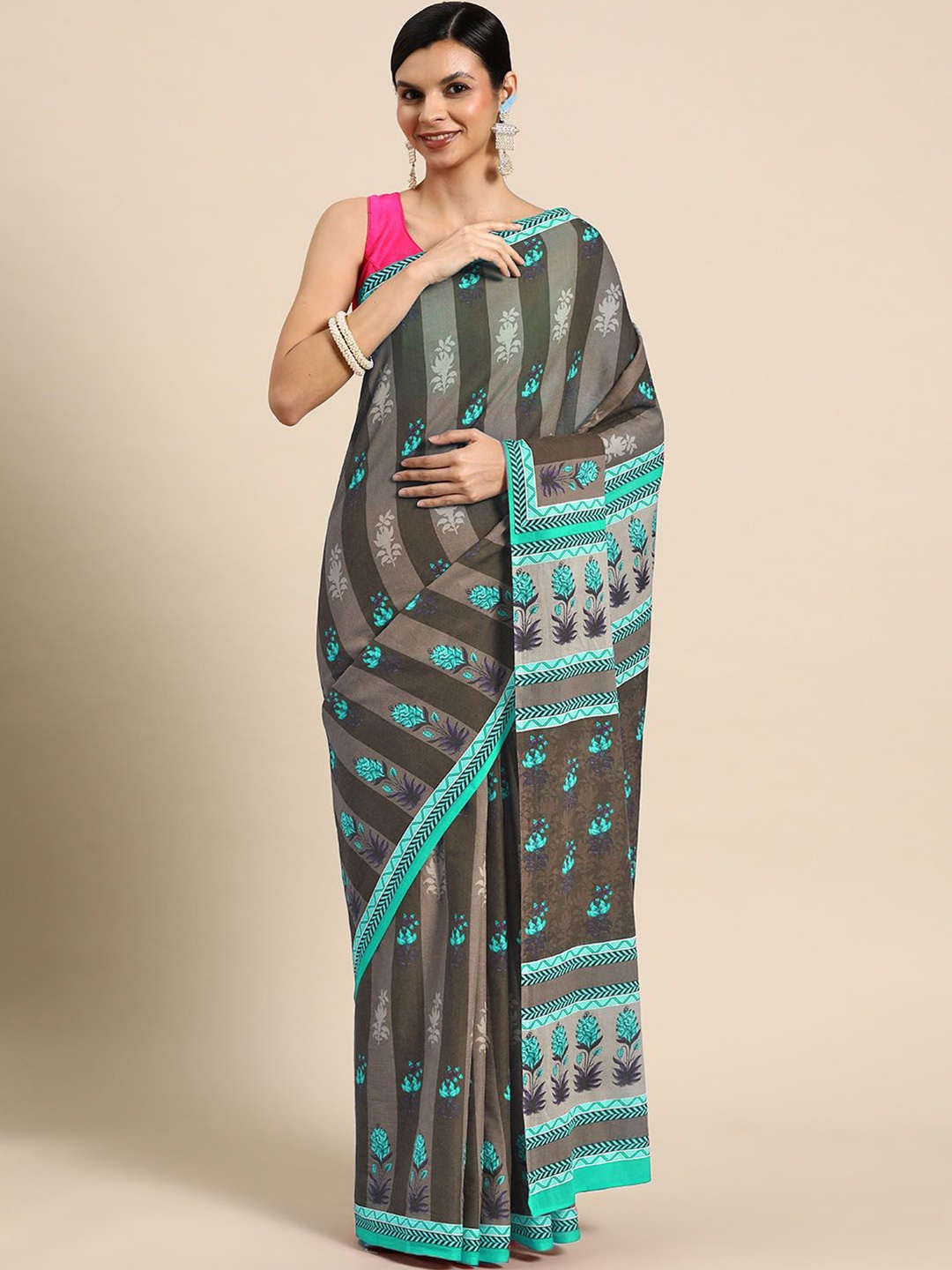 

BUTA BUTI Floral Printed Cotton Saree, Blue