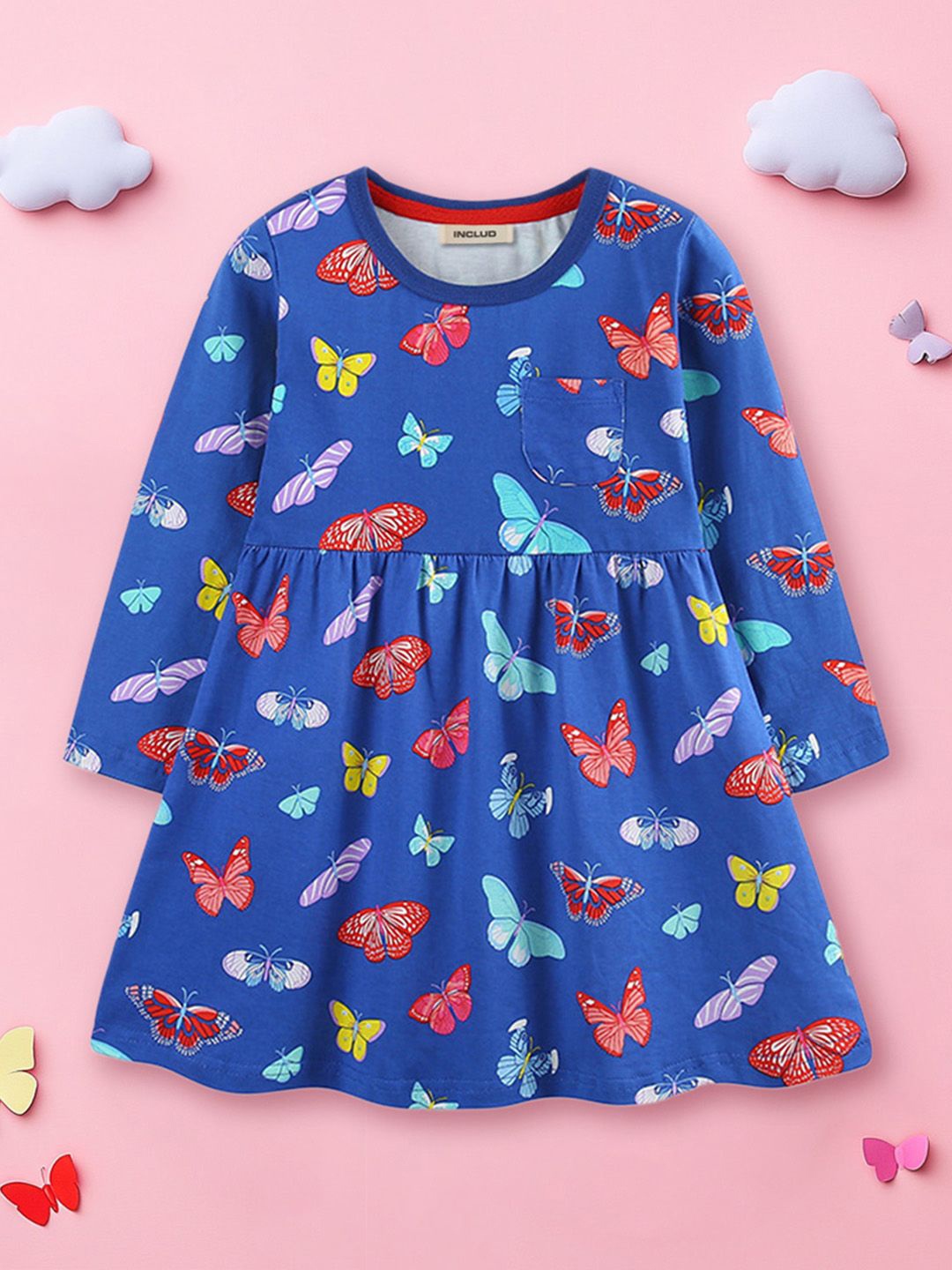 

INCLUD Girls Long Sleeve Butterfly Printed Fit and Flare Casual Dress, Navy blue