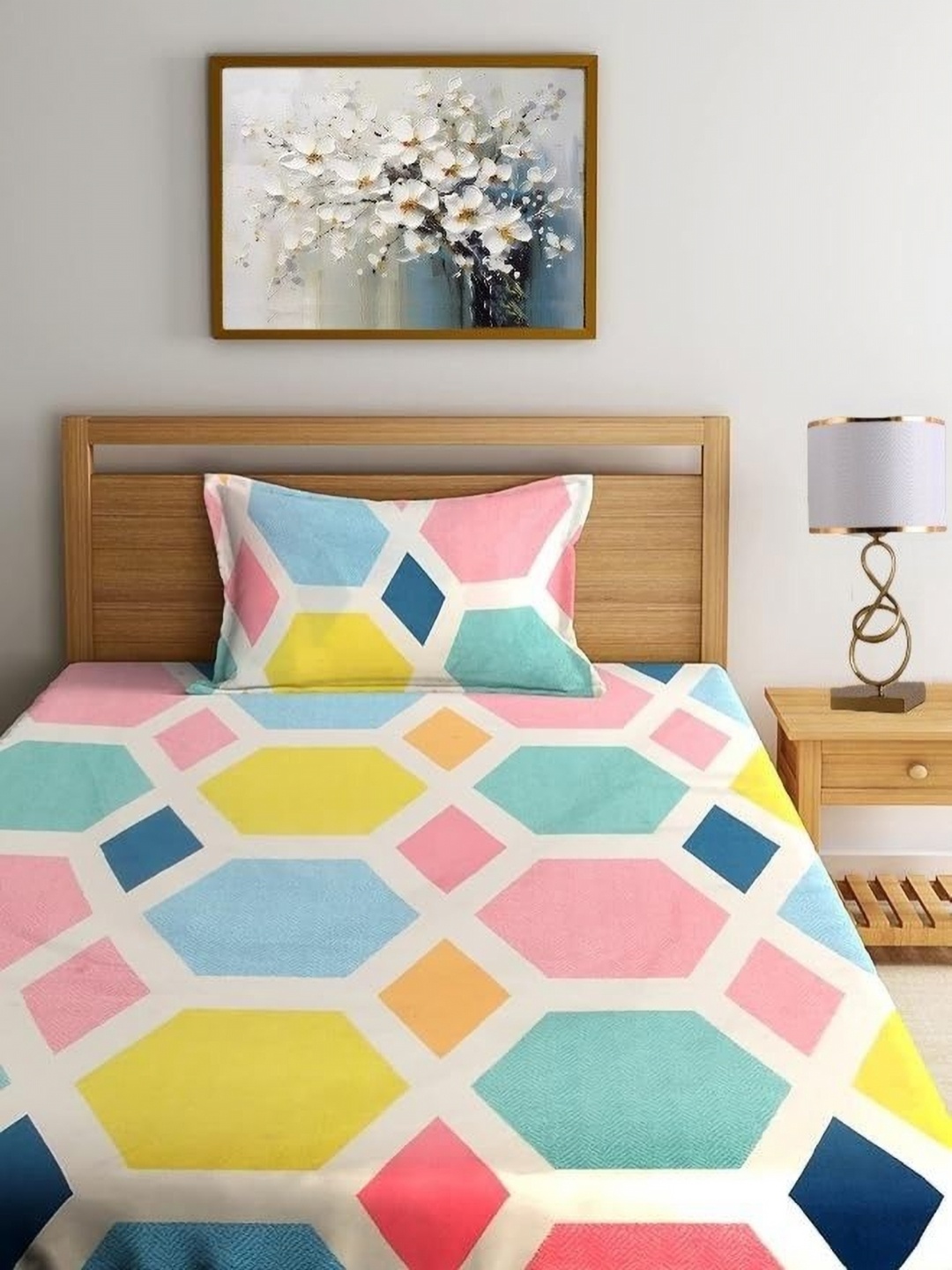 

BREVARD White & Blue Geometric Printed 210 TC Single Fitted Bedsheet with 1 Pillow Covers