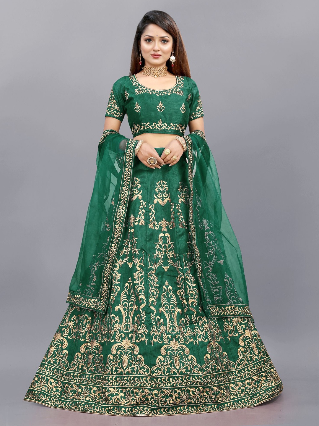 

APNISHA Embroidered Semi Stitched Lehenga & Unstitched Blouse With Dupatta, Green