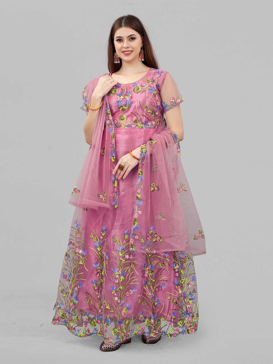 

Aika Floral Embroidered Net Fit & Flare Maxi Dress, Peach