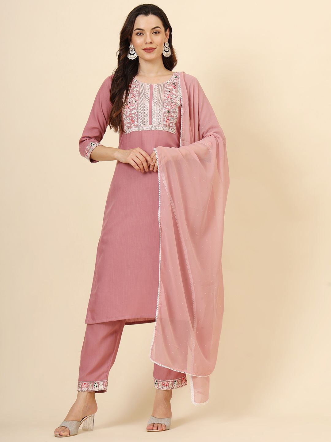 

VAIRAGEE Ethnic Motifs Embroidered Thread Work Straight Kurta with Trousers & With Dupatta, Pink