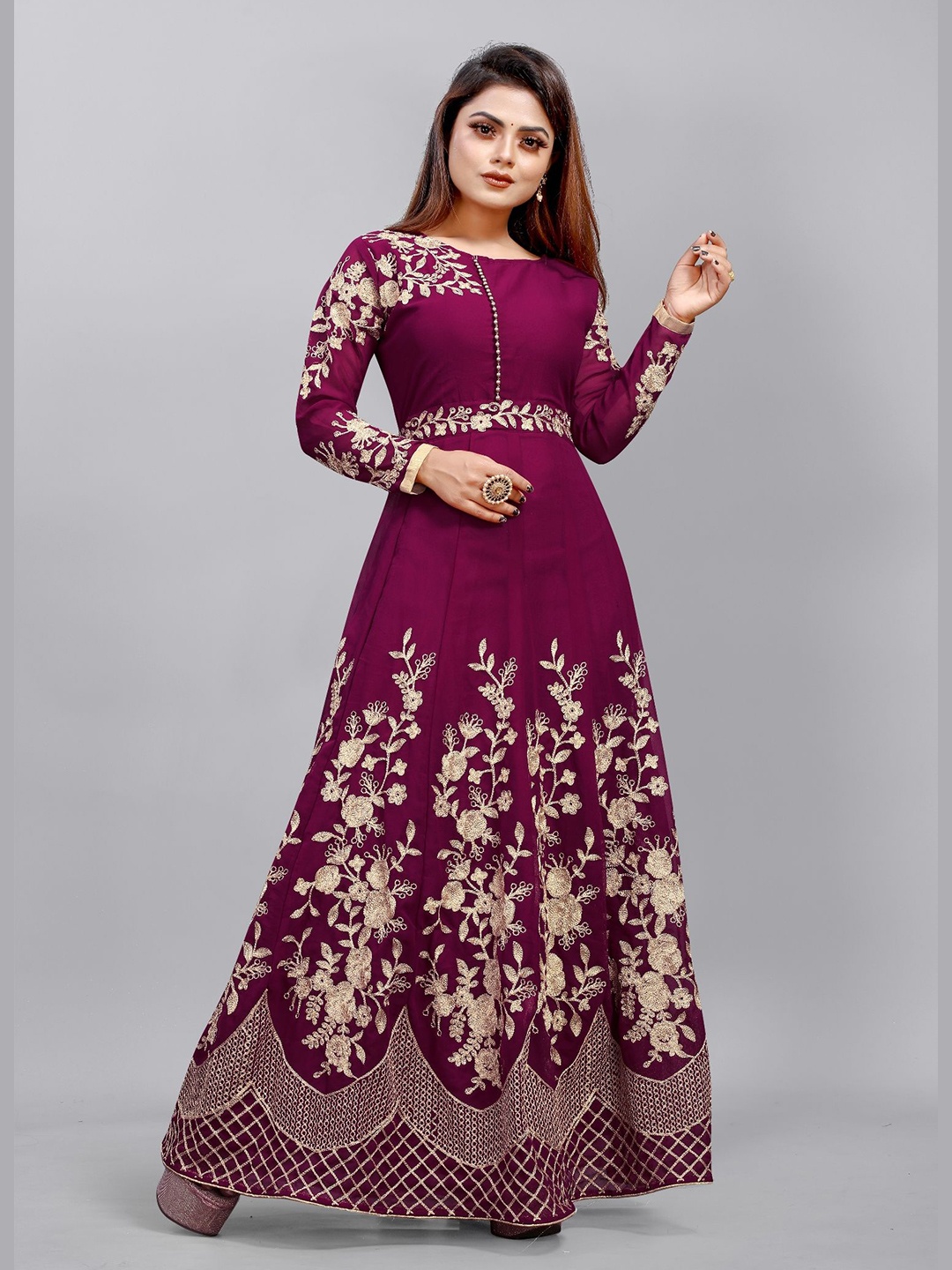 

Aika Women Ethnic Motifs Embroidered Georgette Fit & Flare Maxi Dress, Purple