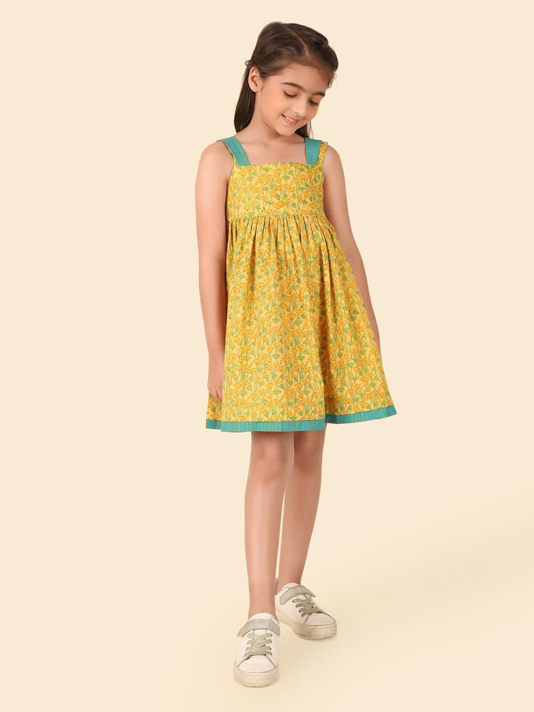 

Fabindia Girls Ethnic Motifs Print A-Line Dress, Yellow