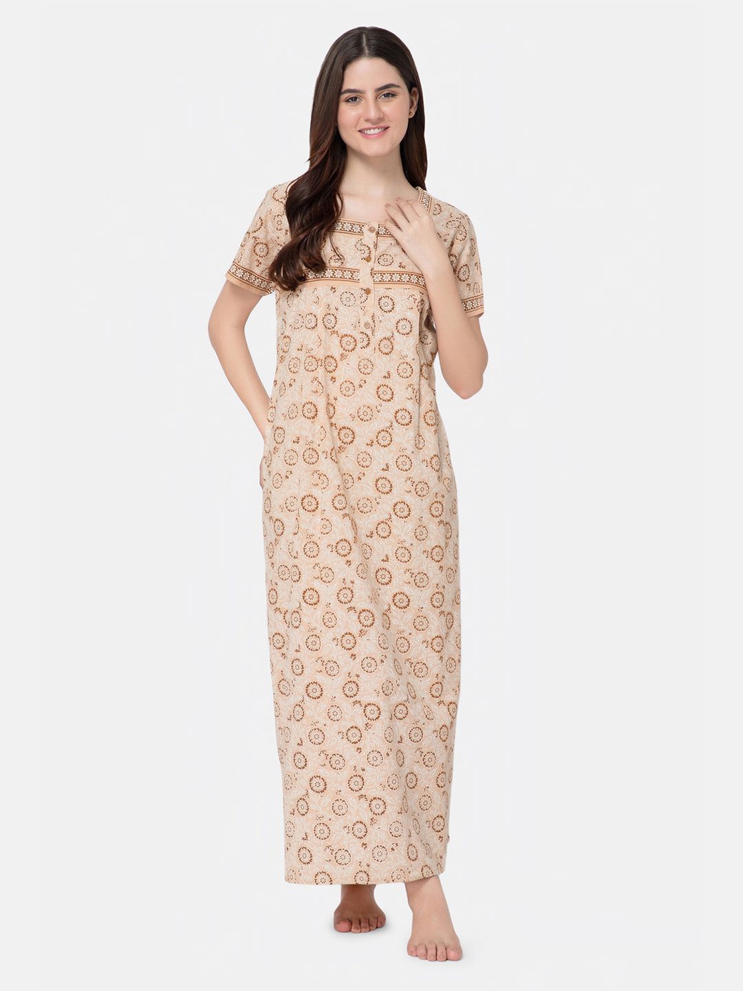 

NAIDU HALL Women Pure Cotton Printed Maxi Nightdress, Cream