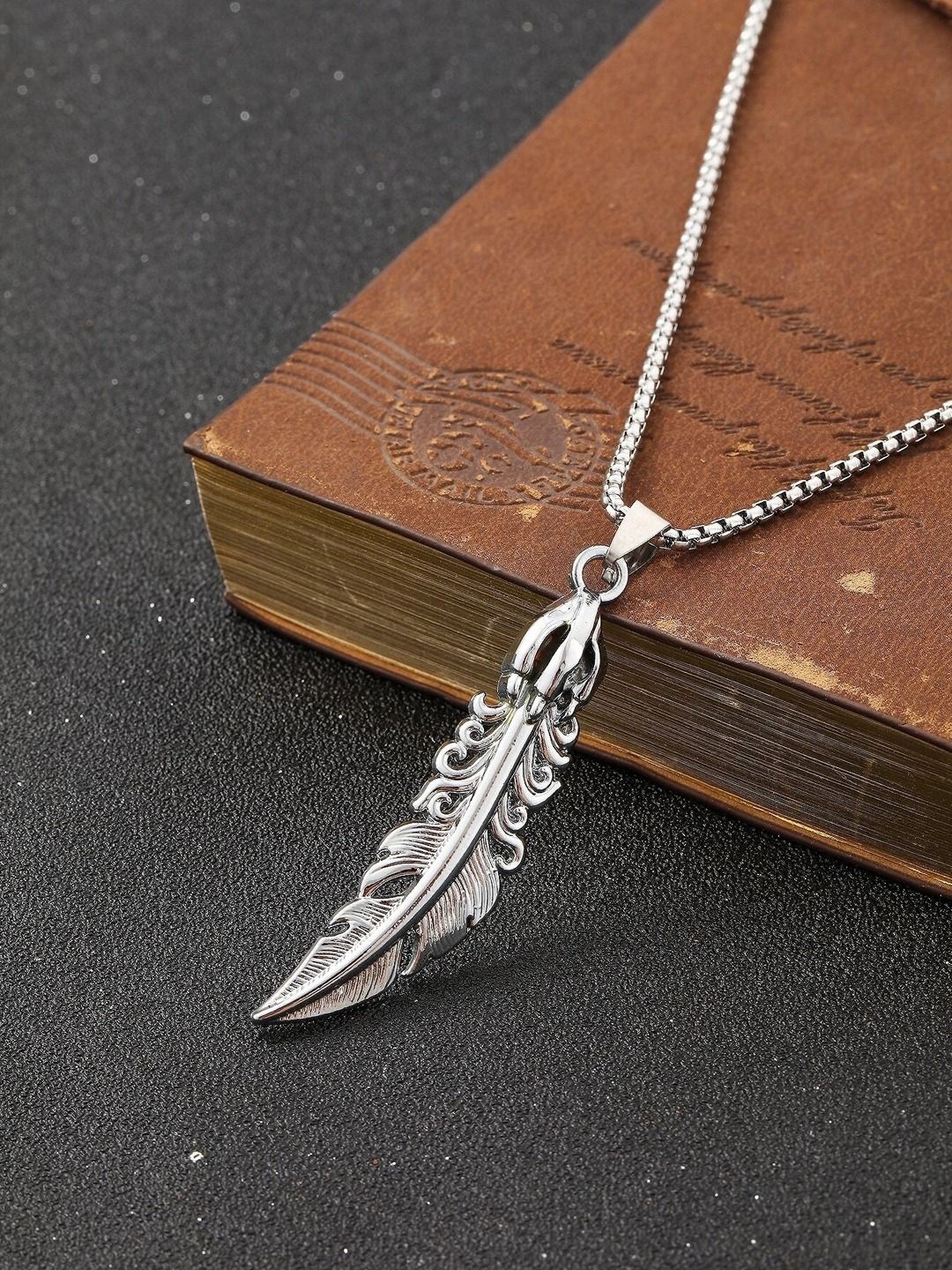 

KRENOZ Men Silver-Plated Feather Shaped Stainless Steel Pendant With Chain