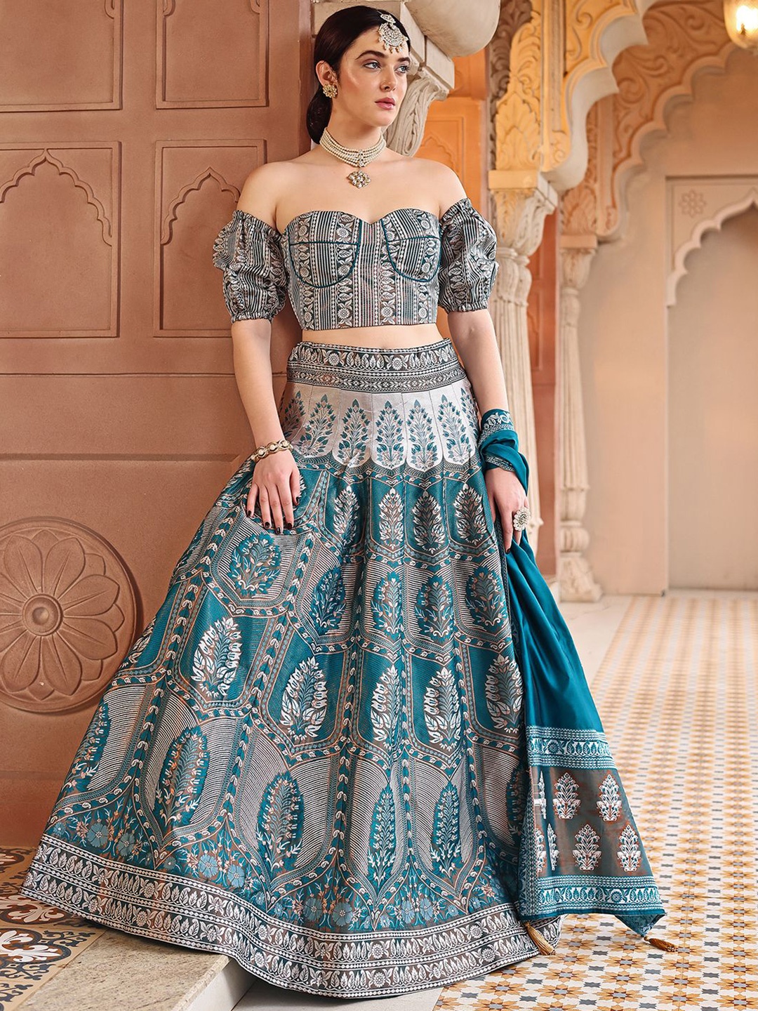 

PURVAJA Ready to Wear Lehenga & Unstitched Blouse With Dupatta, Turquoise blue