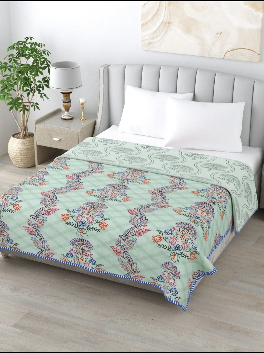 

LIVING ROOTS Green & Red Floral AC Room 210 GSM Reversible Cotton Double Bed Dohar