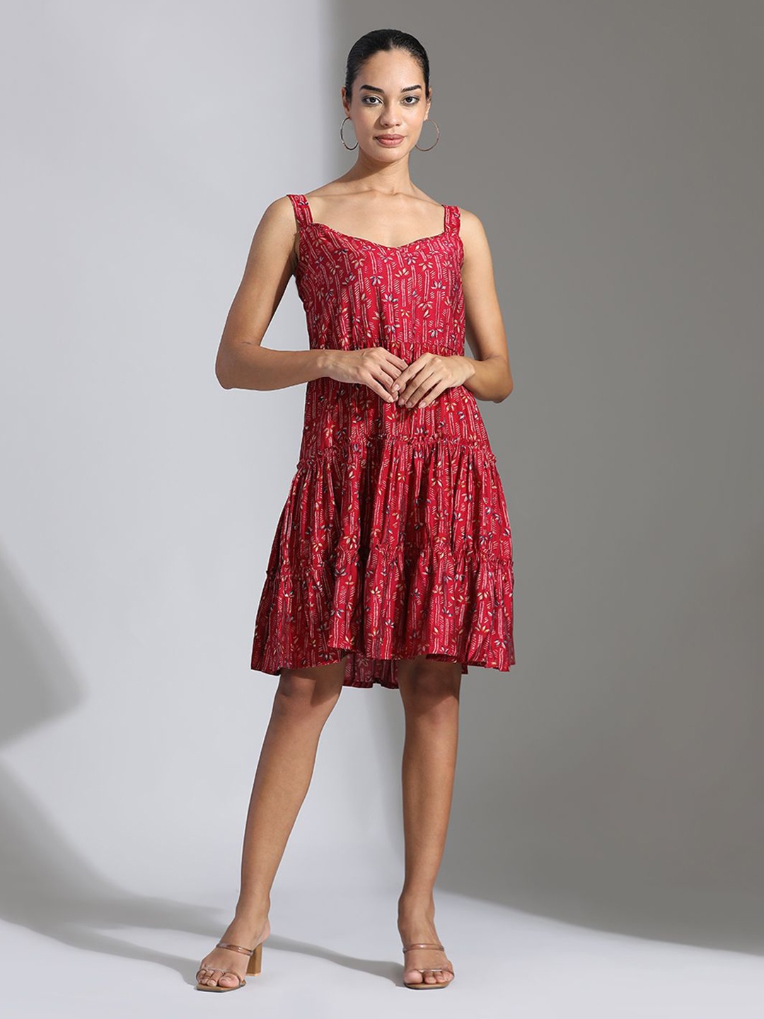 

Jaipur Kurti Floral Printed Sweetheart Neck Ruffles Fit & Flare Midi Dress, Red