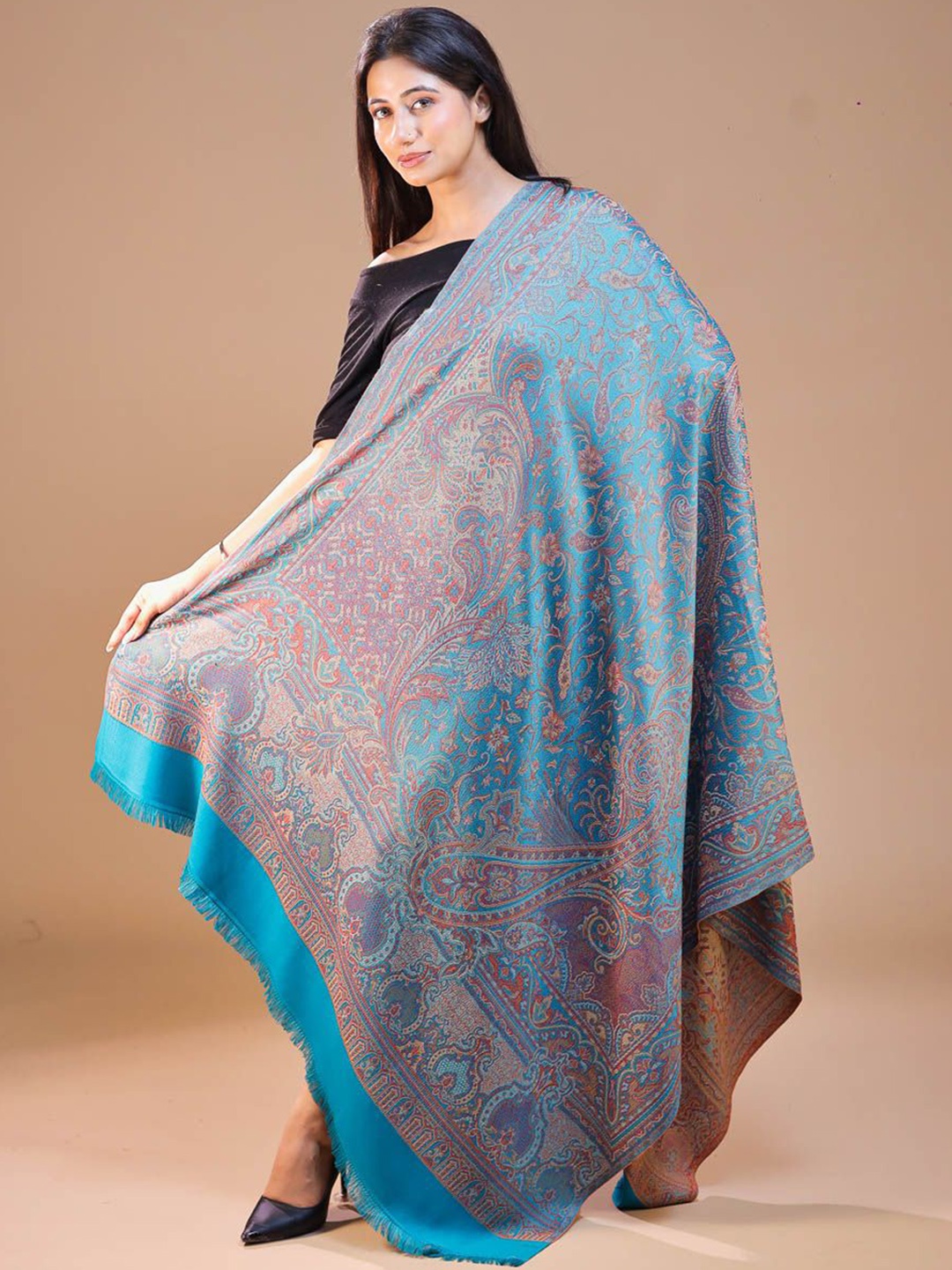 

SWI Stylish Ethnic Motifs Woven Design Jamawar Shawl, Sea green