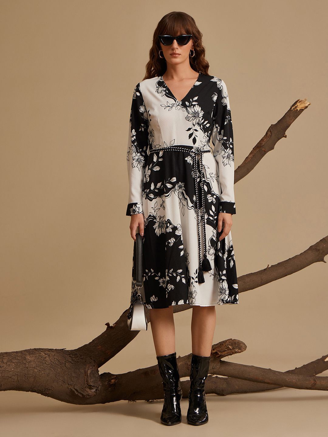 

Kazo Floral Print Satin Formal A-Line Midi Dress, Black