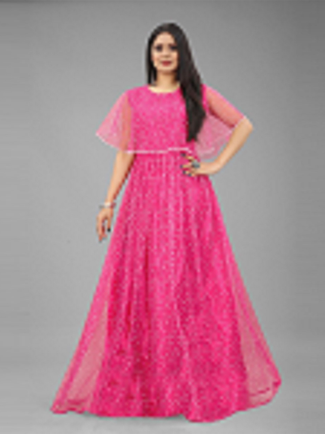 

Aika Ethnic Motifs Dyed Flared Sleeve Fit & Flare Maxi Dress, Magenta