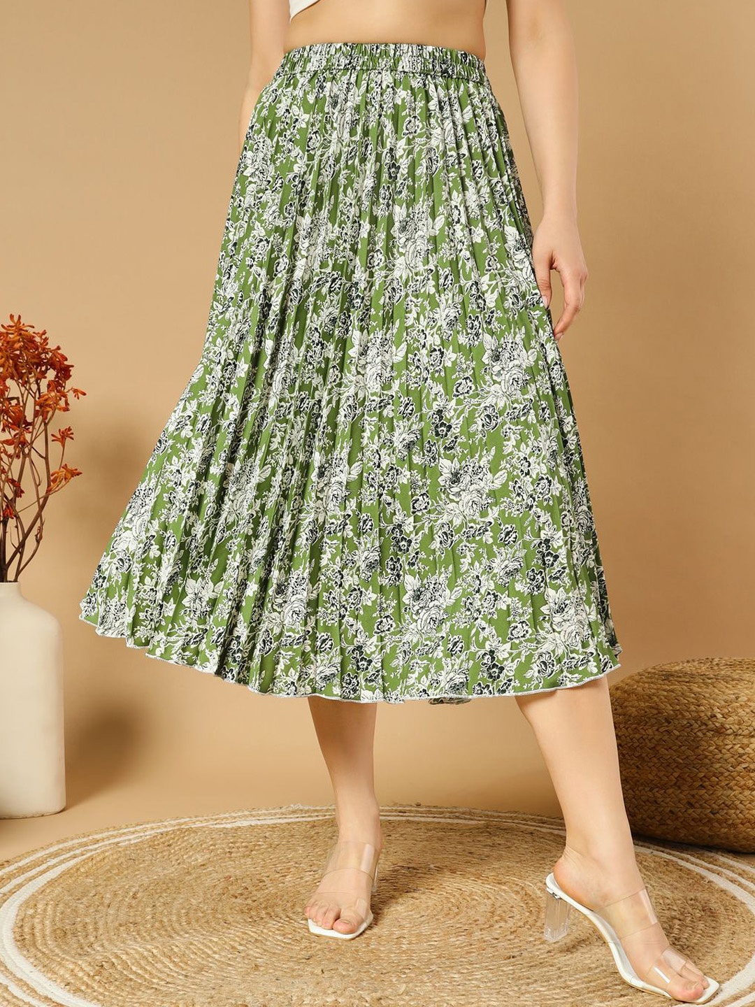 

OTABU Floral Printed Pleated A-Line Midi Skirts, Green