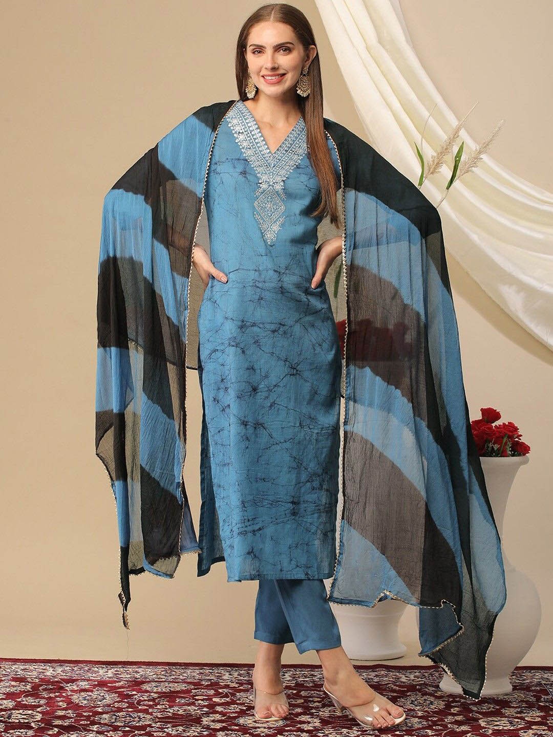 

Anni Designer Printed Regular Thread Work Straight Kurta with Trousers & Dupatta, Blue