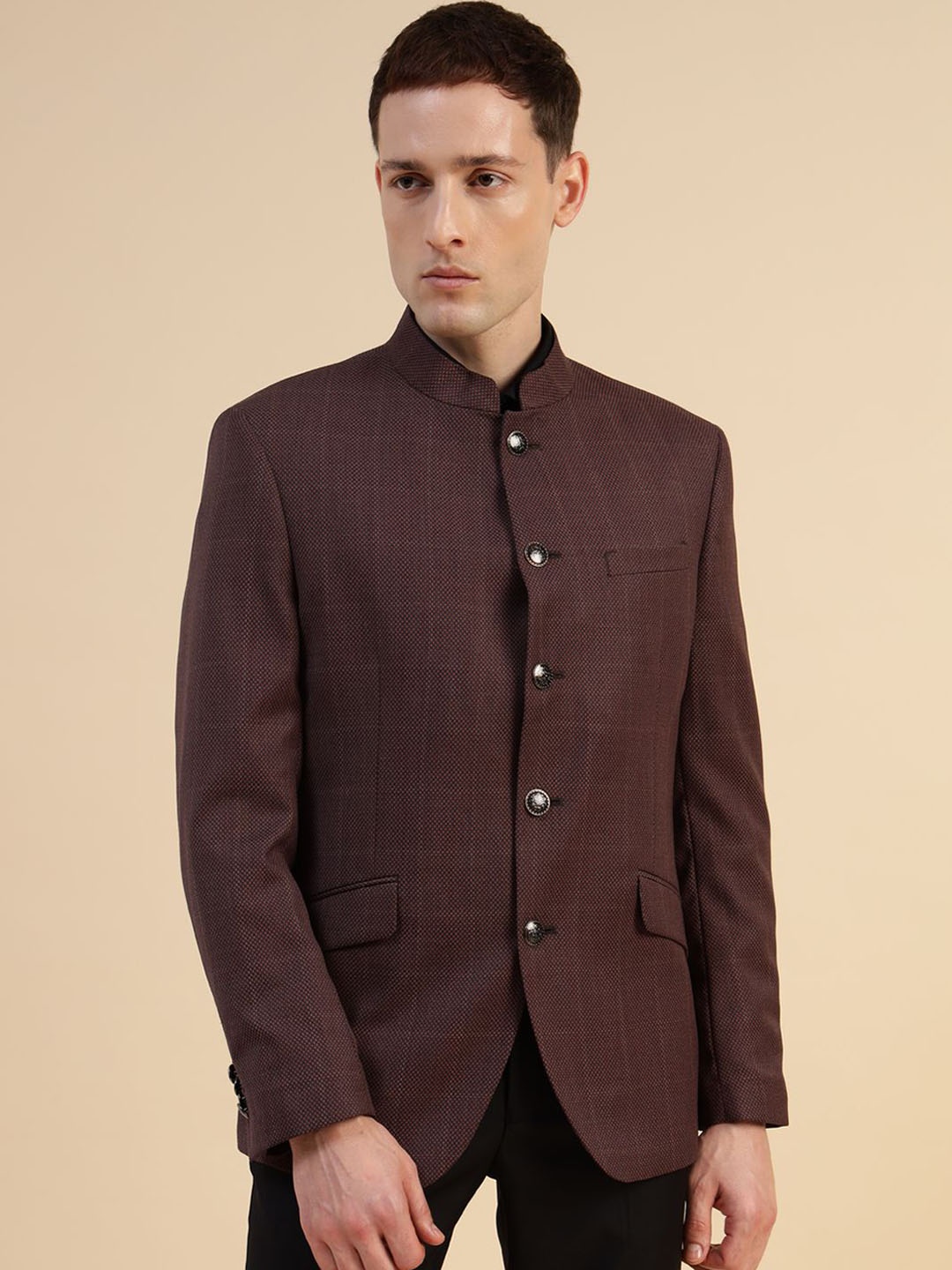 

Givo Tailored Fit Checked Woollen Double Vent Single Breasted Formal Blazer, Brown