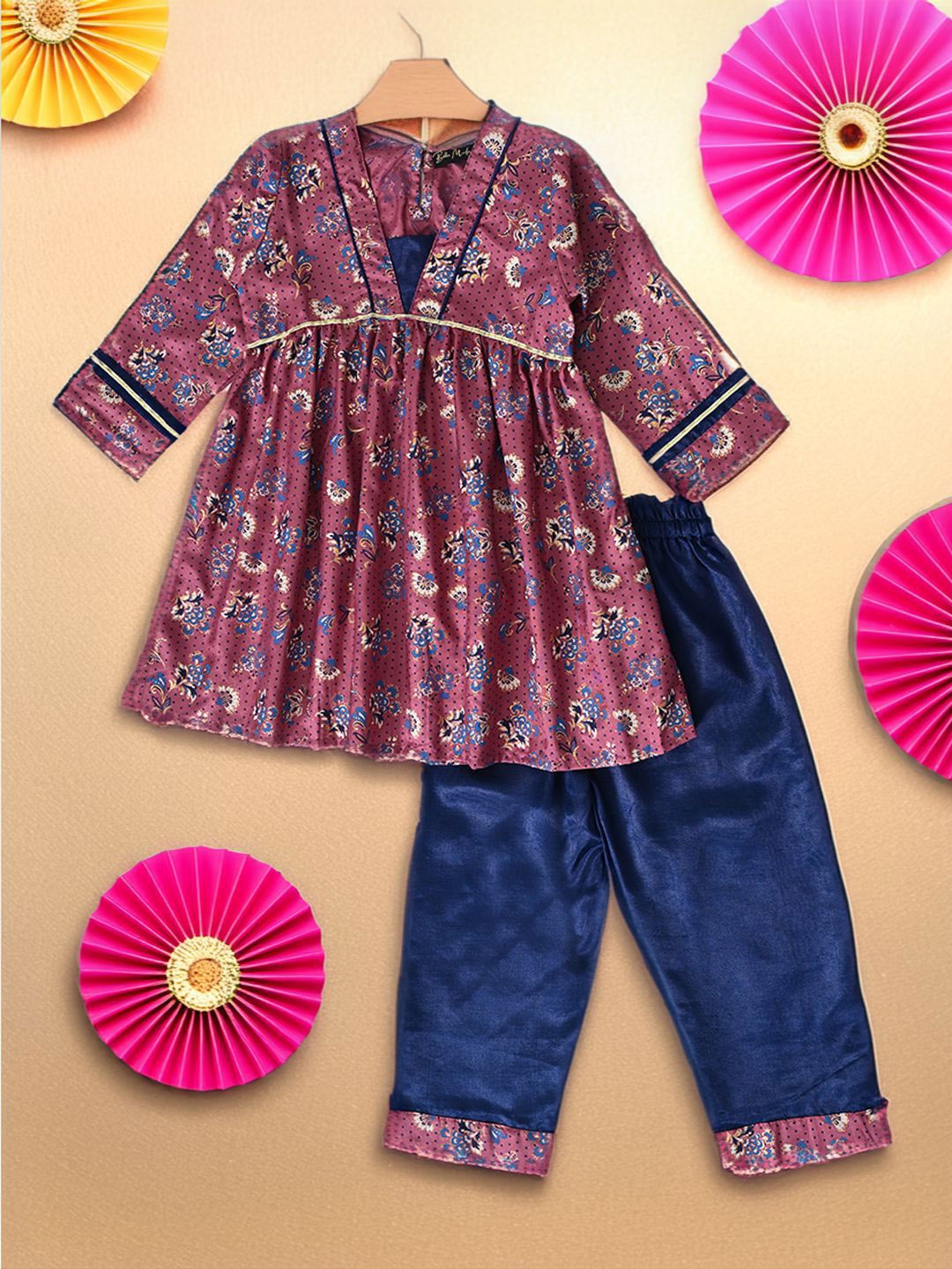 

Bella Moda Girls Floral Printed A-Line Silk Crepe Kurti with Trousers, Pink