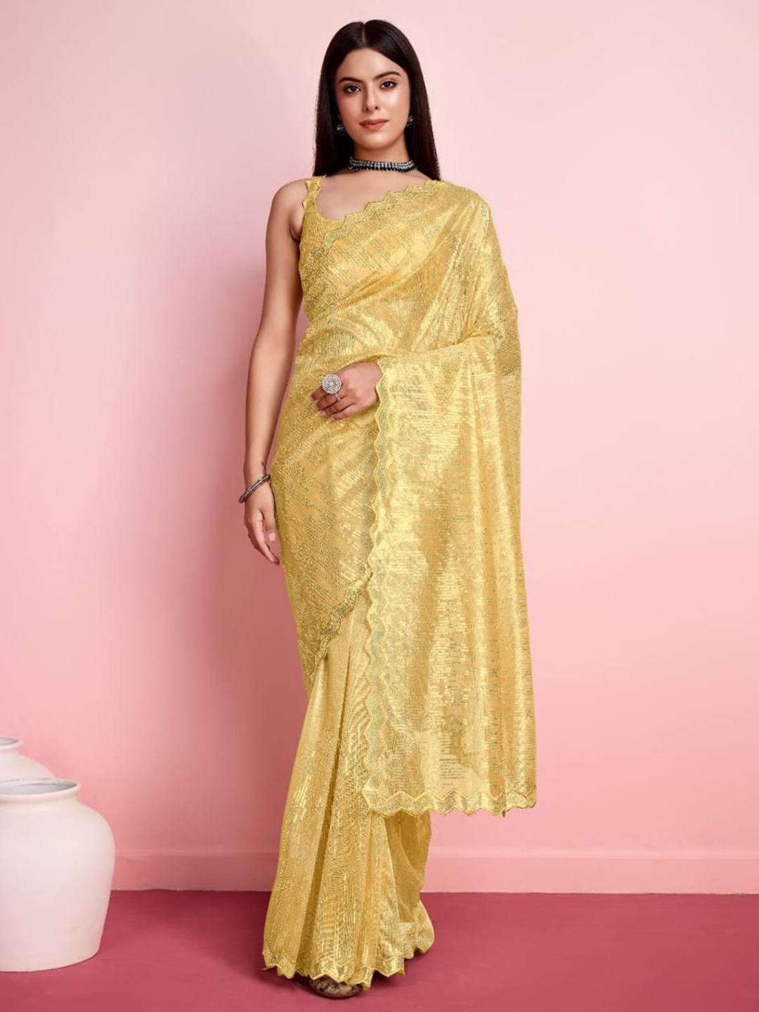 

VenderVilla Embellished Mirror Work Net Saree, Yellow