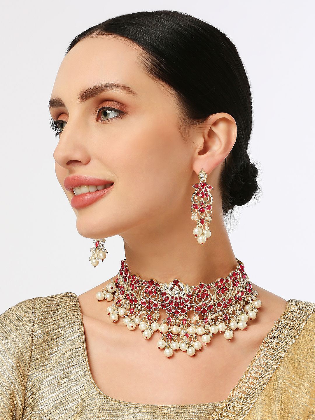 

Anouk Lotus Kundan-Studded & Beaded Jadau Jewellery Set, Gold