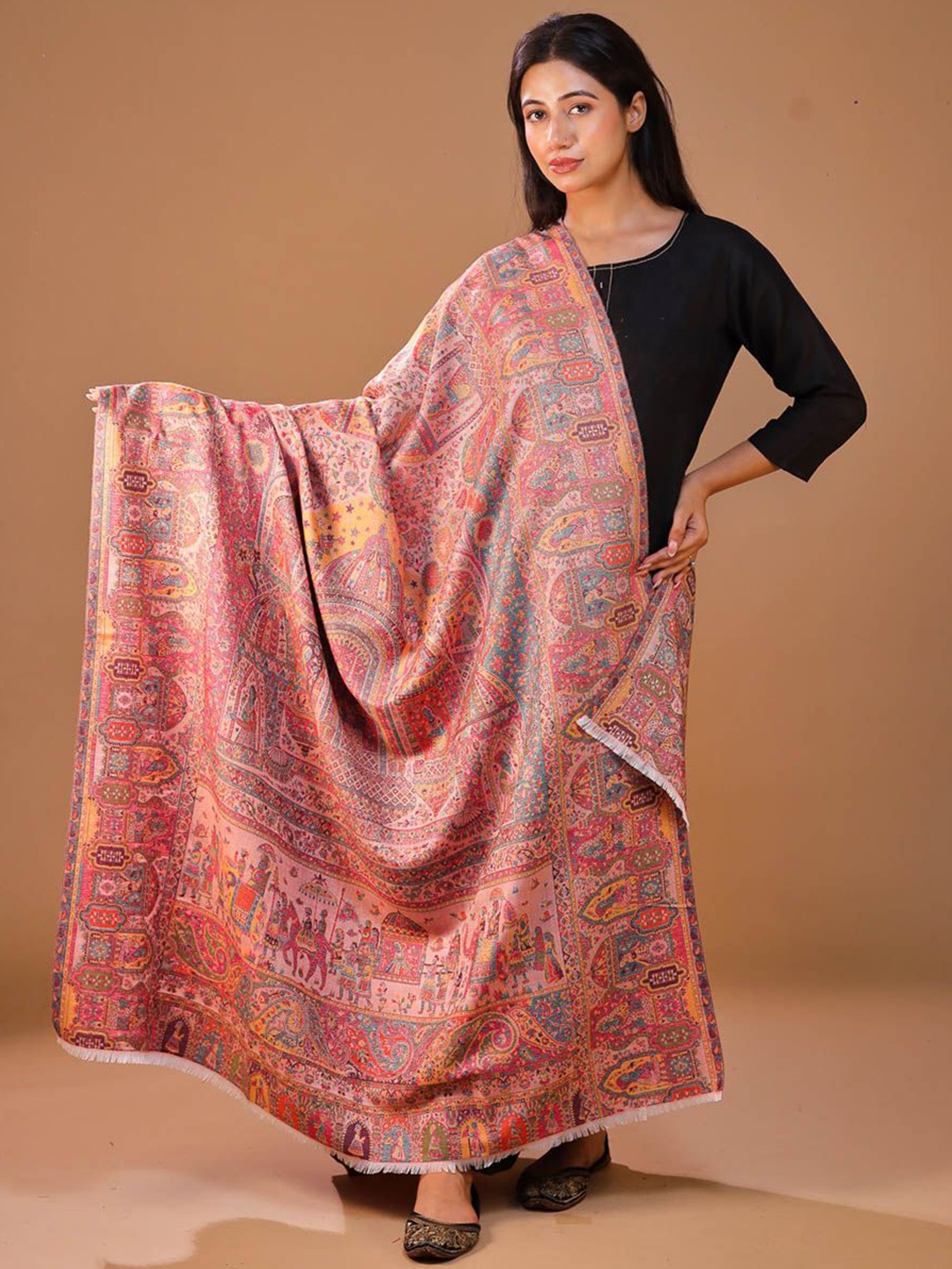 

SWI Stylish Ethnic Motifs Woven Design Kani Wool Shawl, Pink